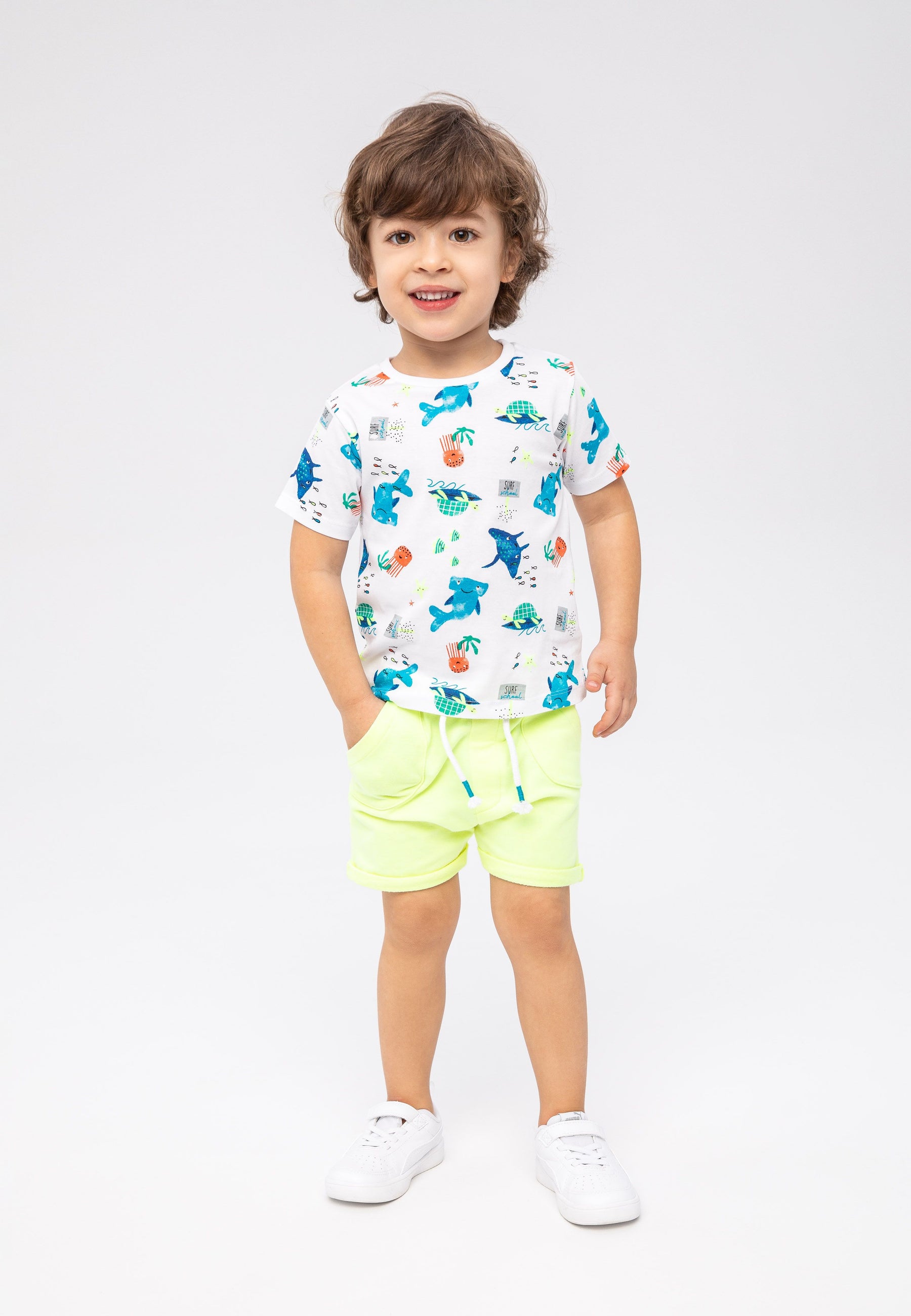 T-Shirt and Shorts Set, Shark Print, White Lime - 1