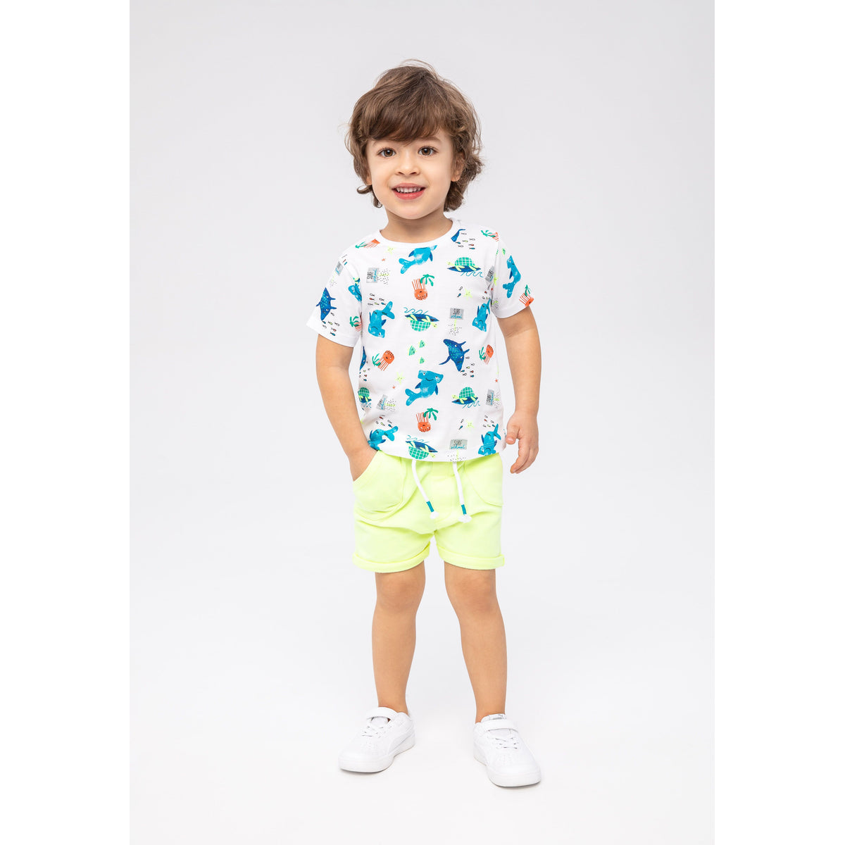 Boys' t-shirt and shorts set in white and lime yellow — complete product view for square Shop card