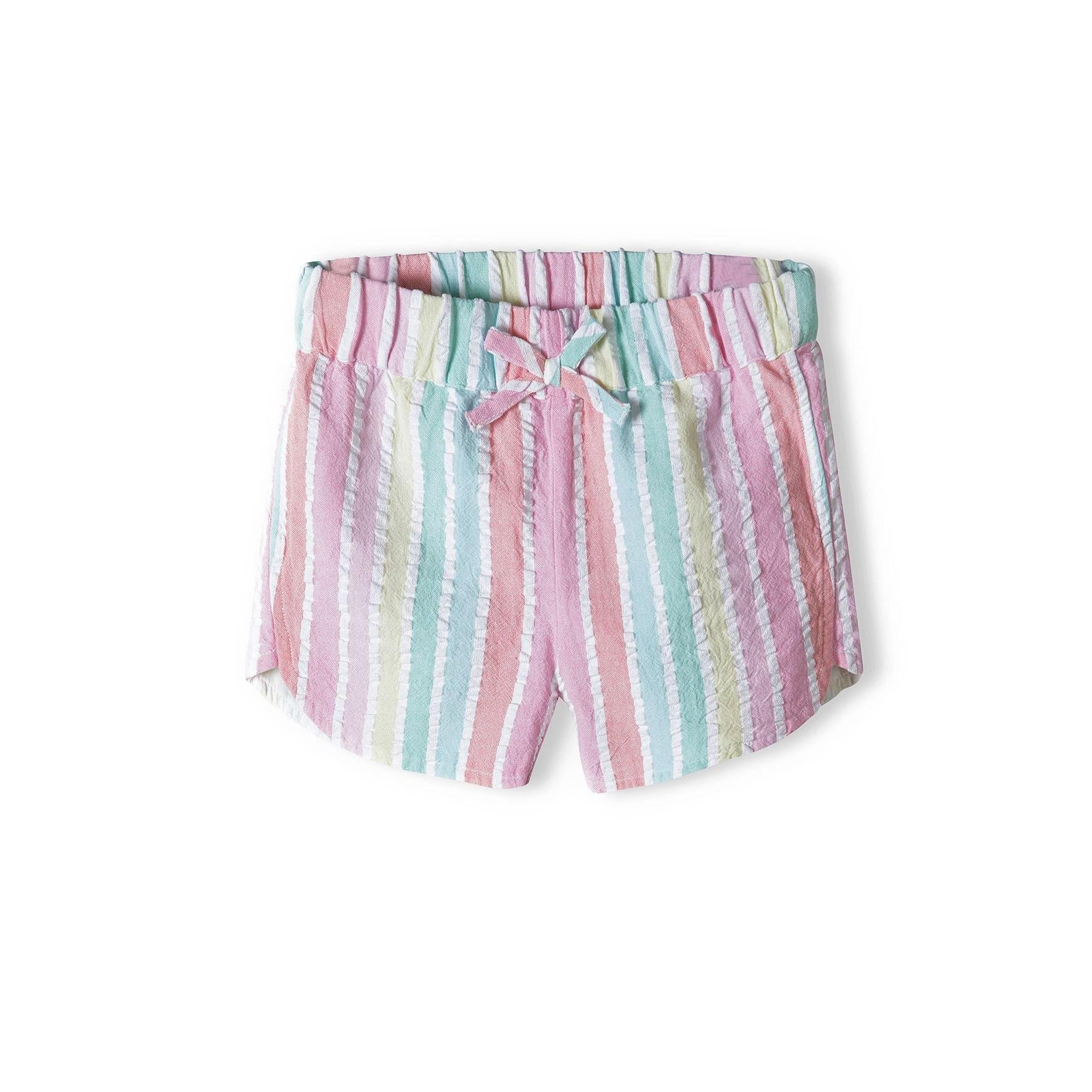 Close-up view of multicoloured striped cotton shorts showing rainbow pattern in pink, mint, yellow and white vertical stripes