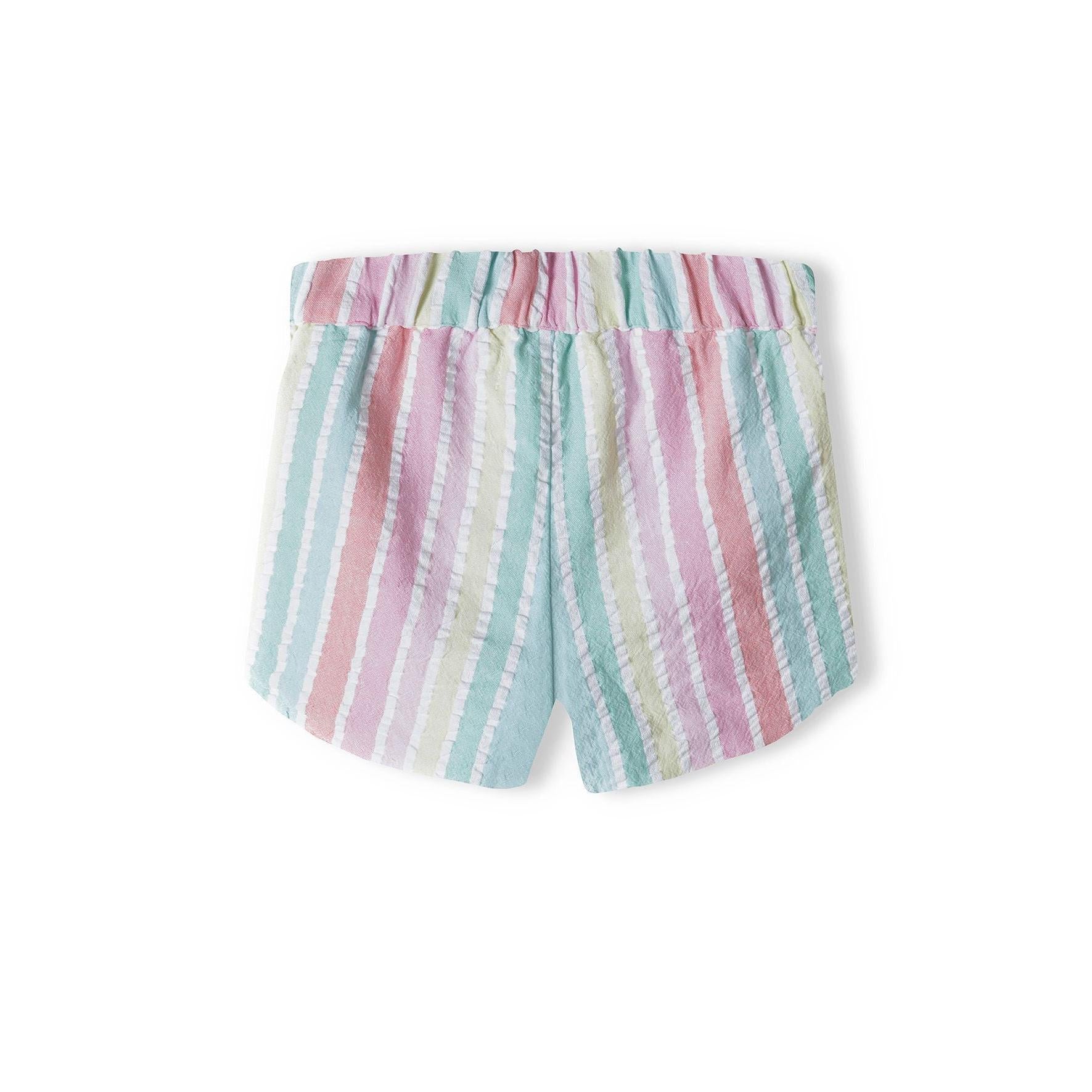 Close-up view of multicoloured striped cotton shorts showing rainbow pattern in pink, mint, yellow and white vertical stripes