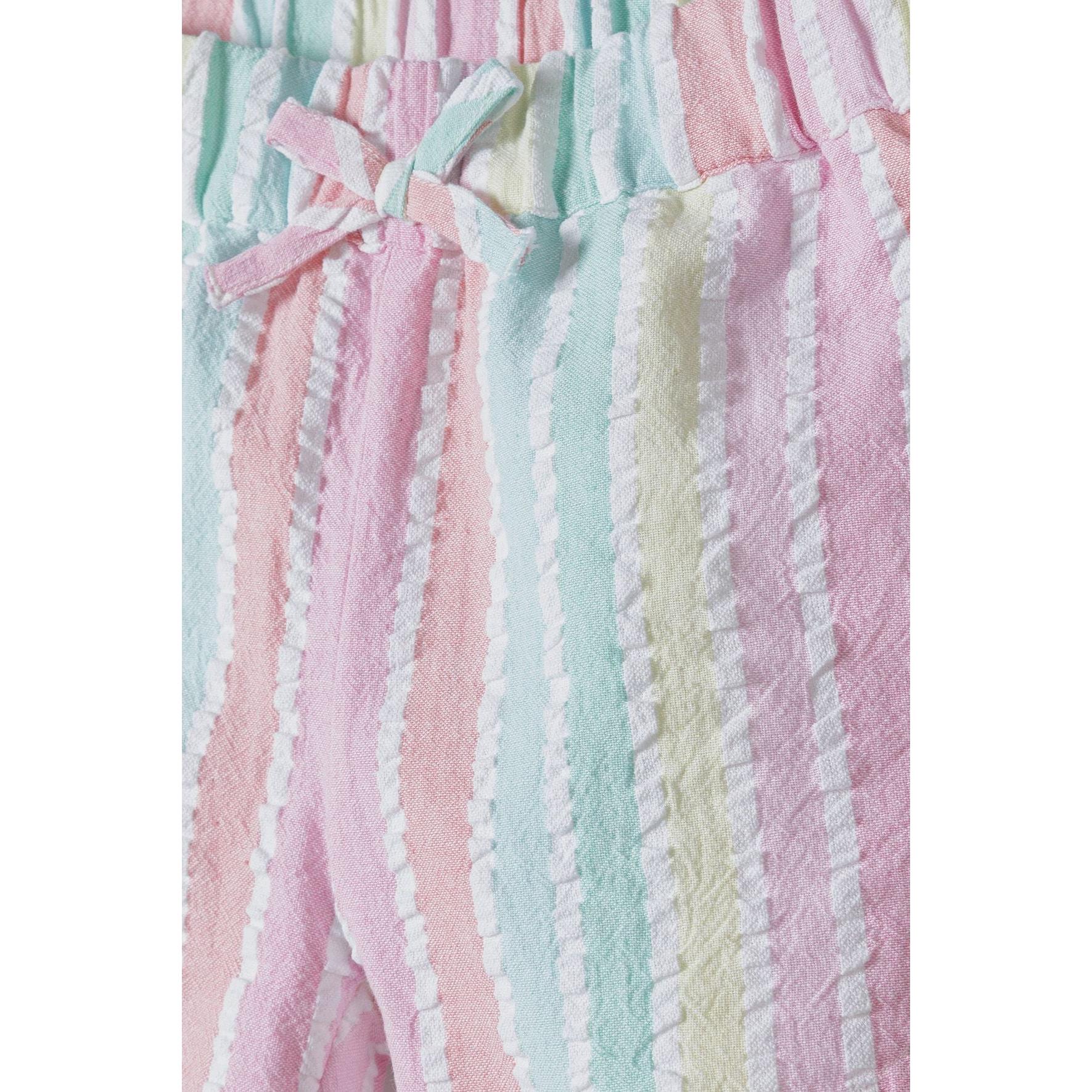 Detail shot of striped shorts waistband showing elasticated band with bow tie drawstring in matching multicoloured stripes