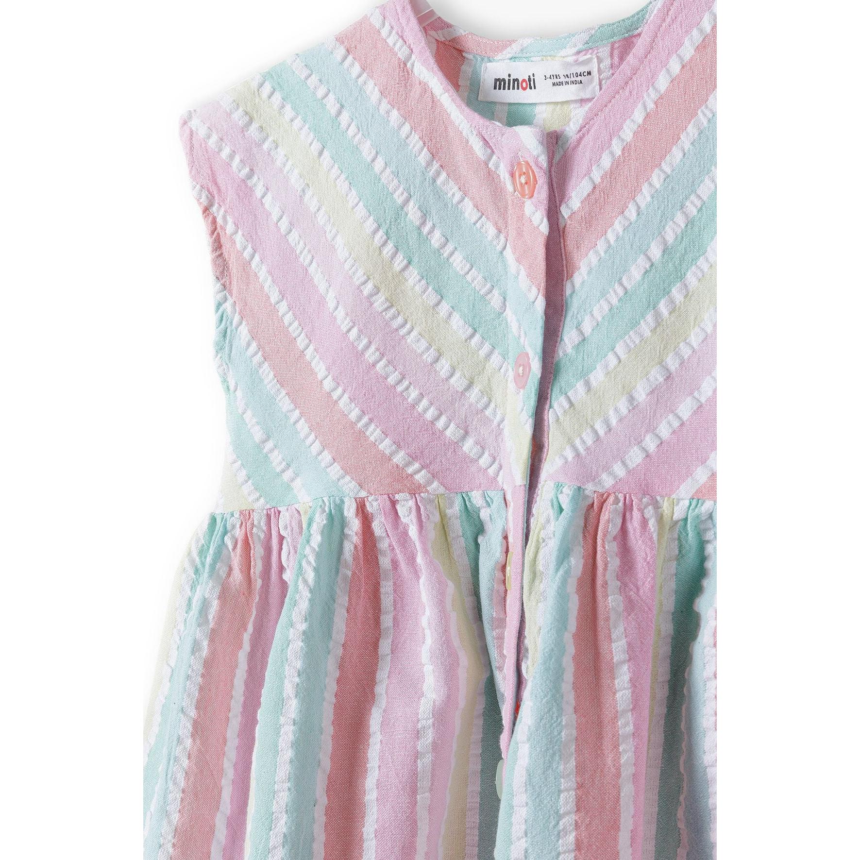 Close-up detail of dress neckline showing Minoti label, button placket and chevron stripe pattern in pastel colours