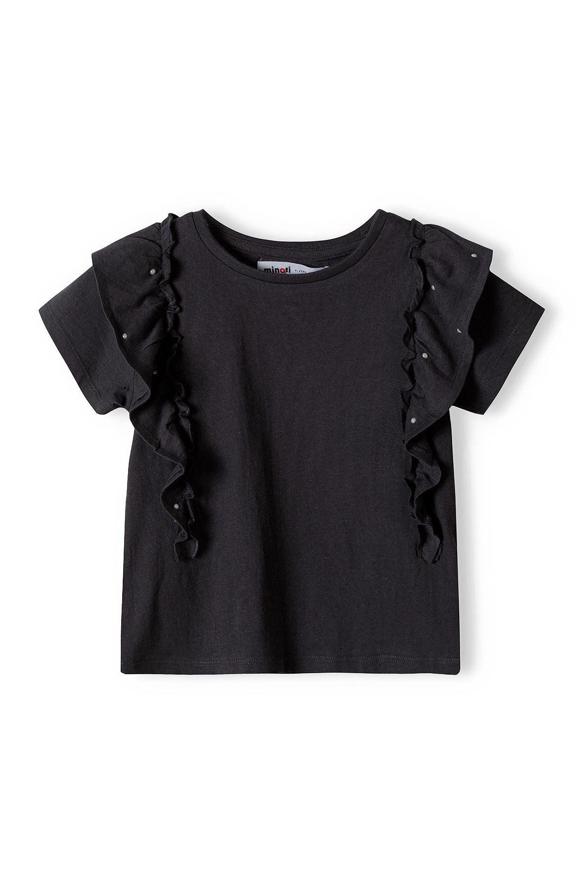 Ruffle T-Shirt with Pearl Detail, Black - 2