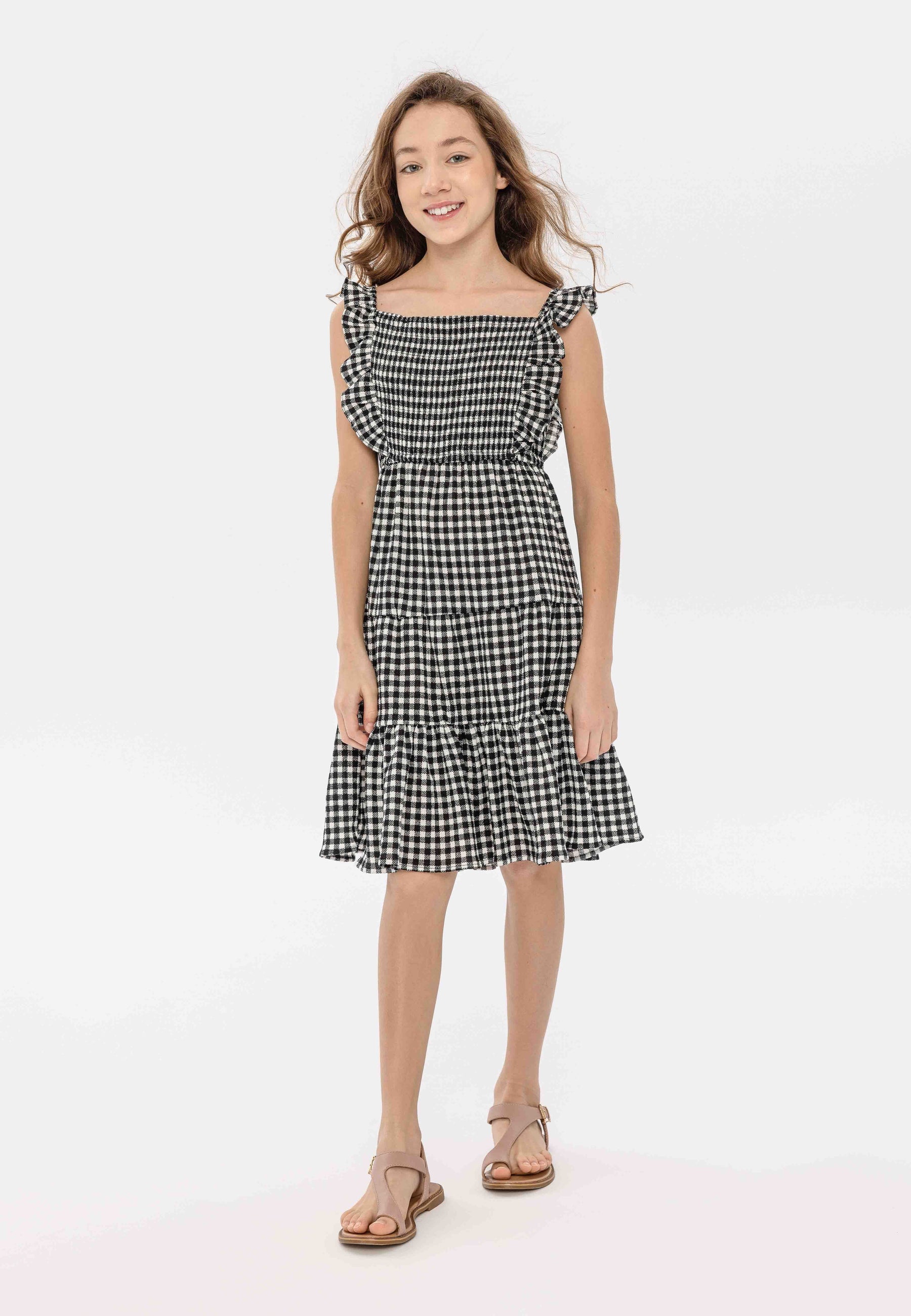 Tiered Dress, Black White Gingham, Frill Straps - 1