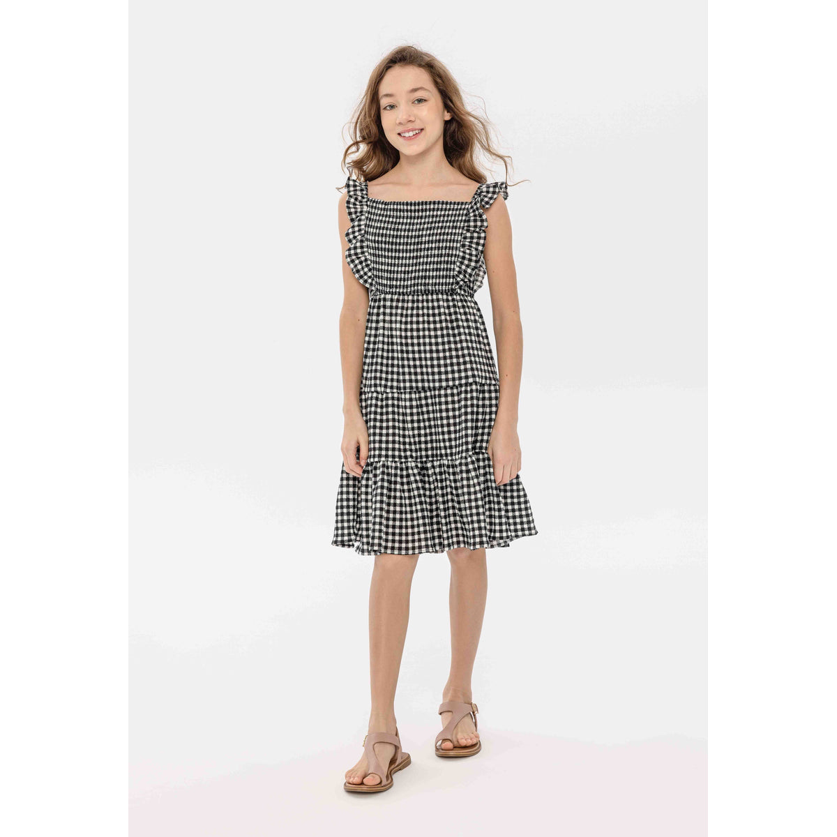 Girls' shirred gingham sundress in black and white — complete product view for square Shop card