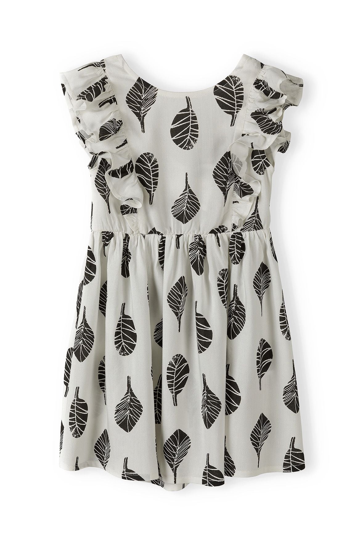 Leaf Print Dress, Frill Sleeves, White - 2