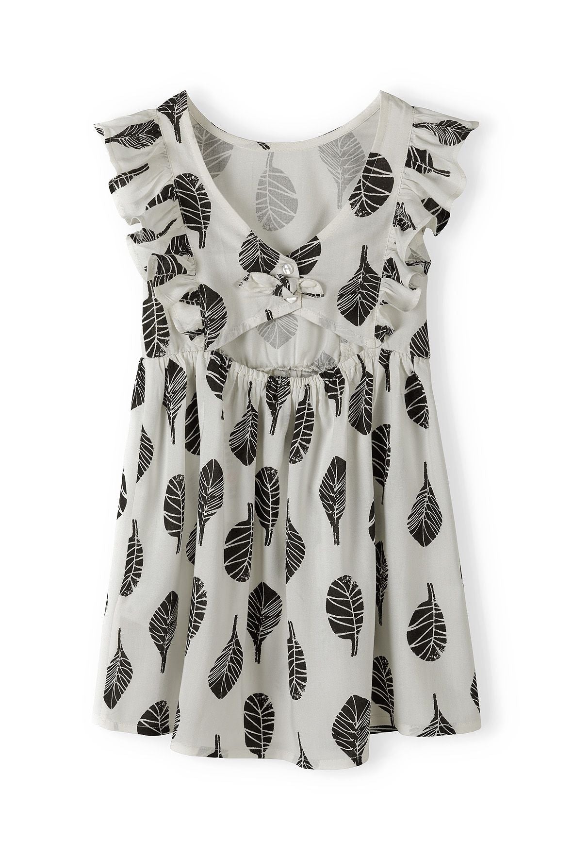 Leaf Print Dress, Frill Sleeves, White - 3