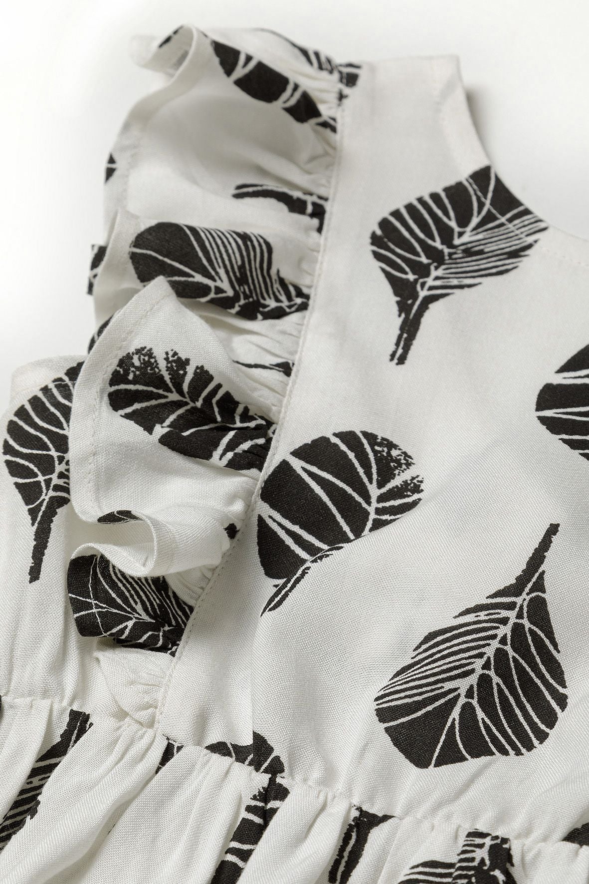 Leaf Print Dress, Frill Sleeves, White - 4