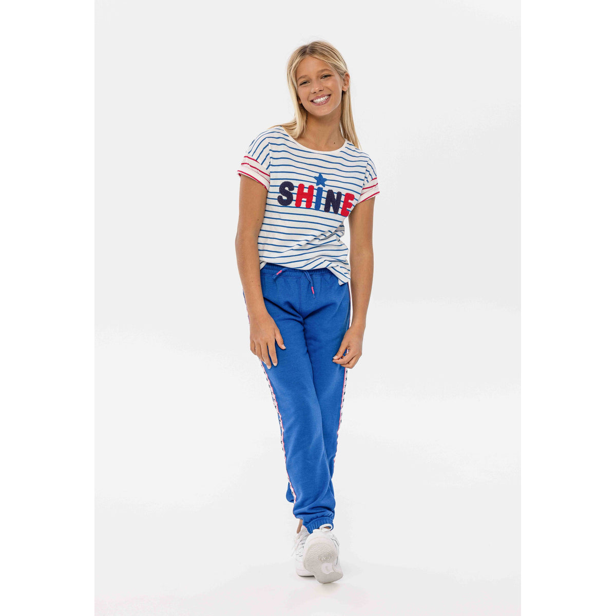 Girls' side stripe joggers in blue — complete product view for square Shop card
