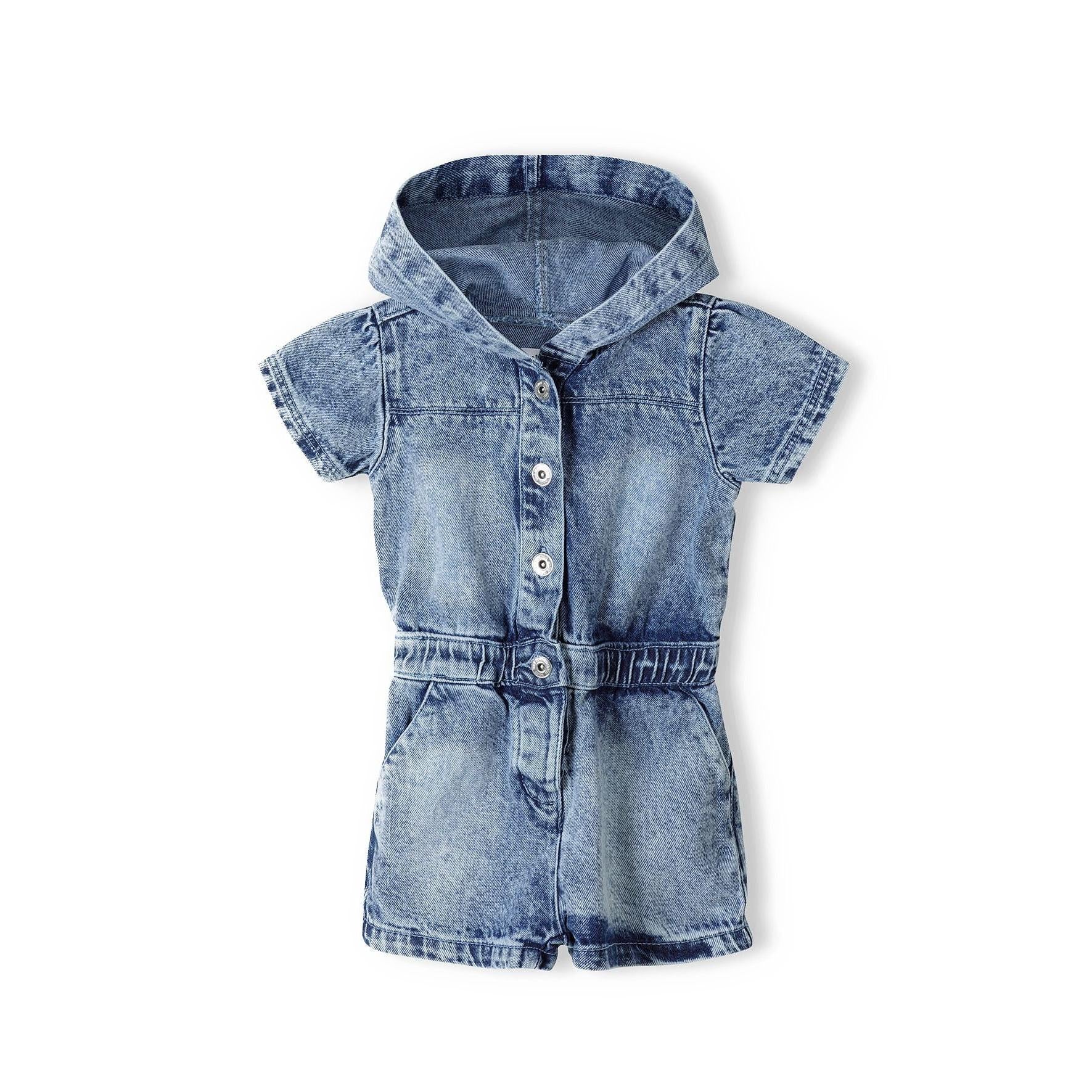 Navy acid wash denim hooded playsuit with short sleeves and button front closure on white background