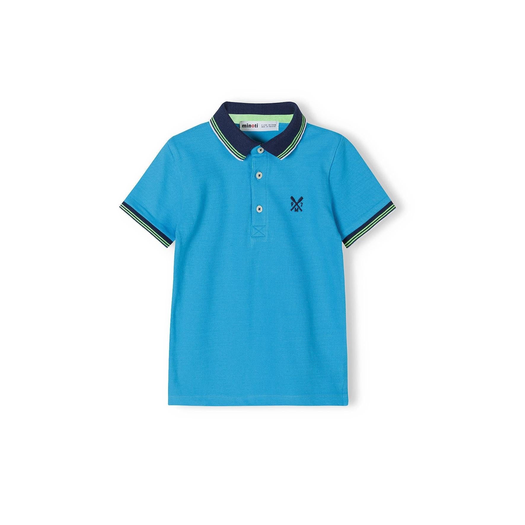 Turquoise polo shirt with navy contrast collar and cuffs, white buttons, embroidered logo, displayed flat on white background