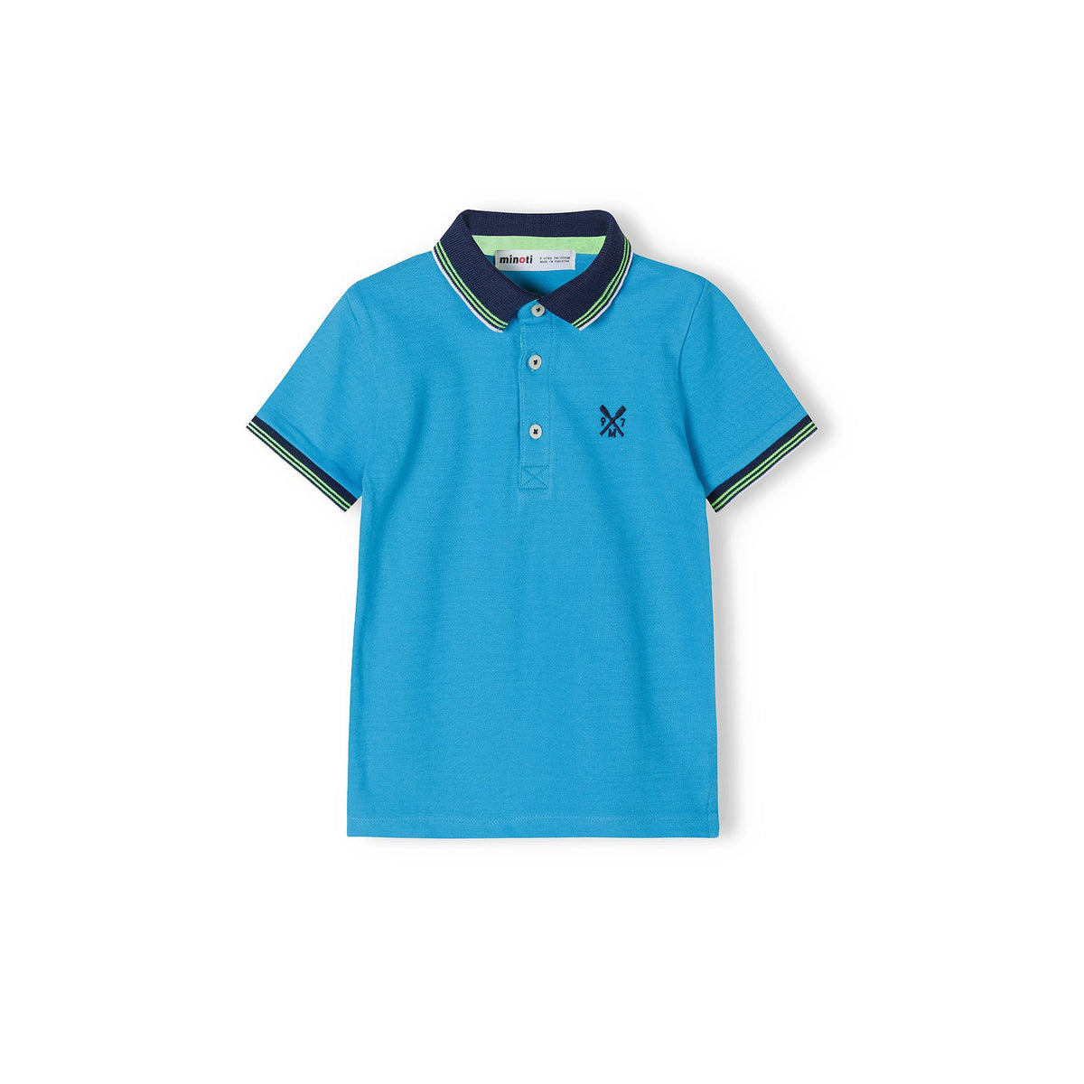 Boys' polo shirt in turquoise and navy — complete product view for square Shop card