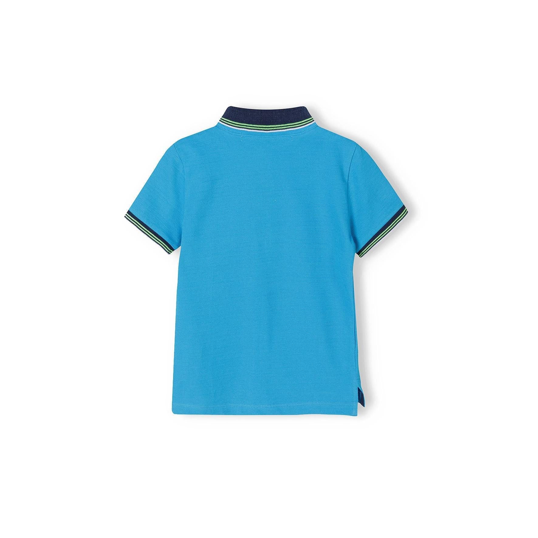 Back view of turquoise polo shirt showing navy collar with contrast stripes and plain turquoise fabric, laid flat on white background