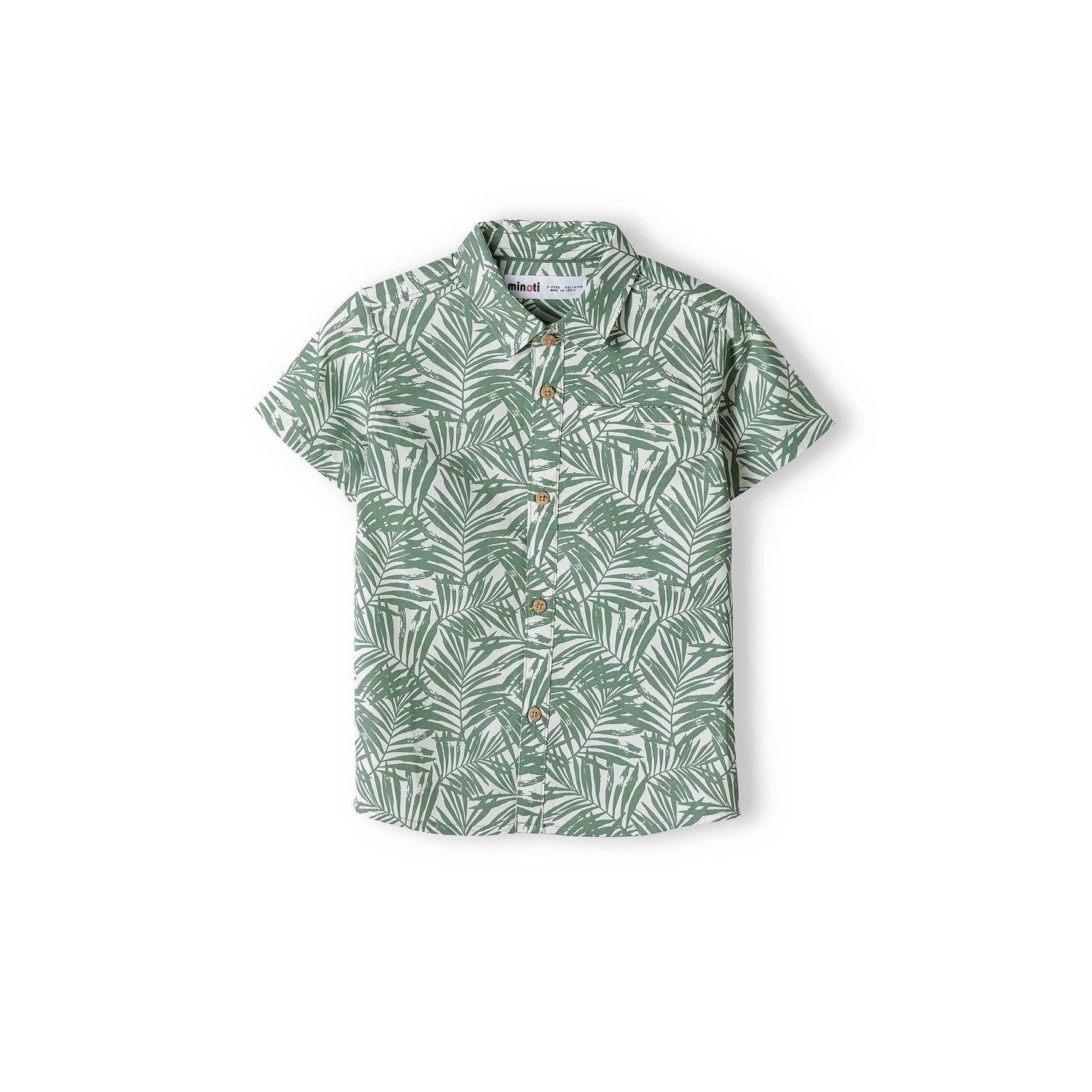 Back view of olive green palm print poplin shirt showing full tropical leaf pattern coverage and relaxed fit silhouette against white background