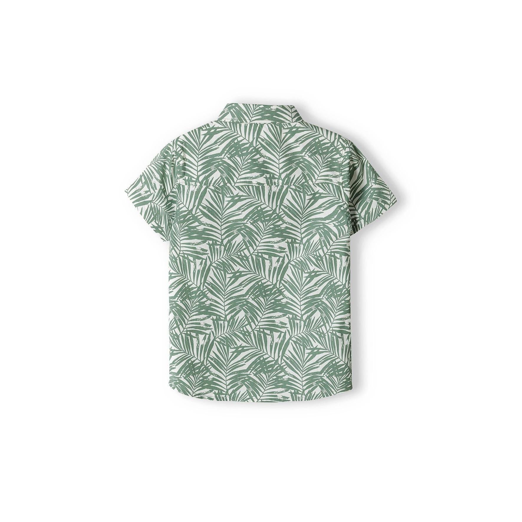 Back view of olive green palm print poplin shirt showing full tropical leaf pattern coverage and relaxed fit silhouette against white background