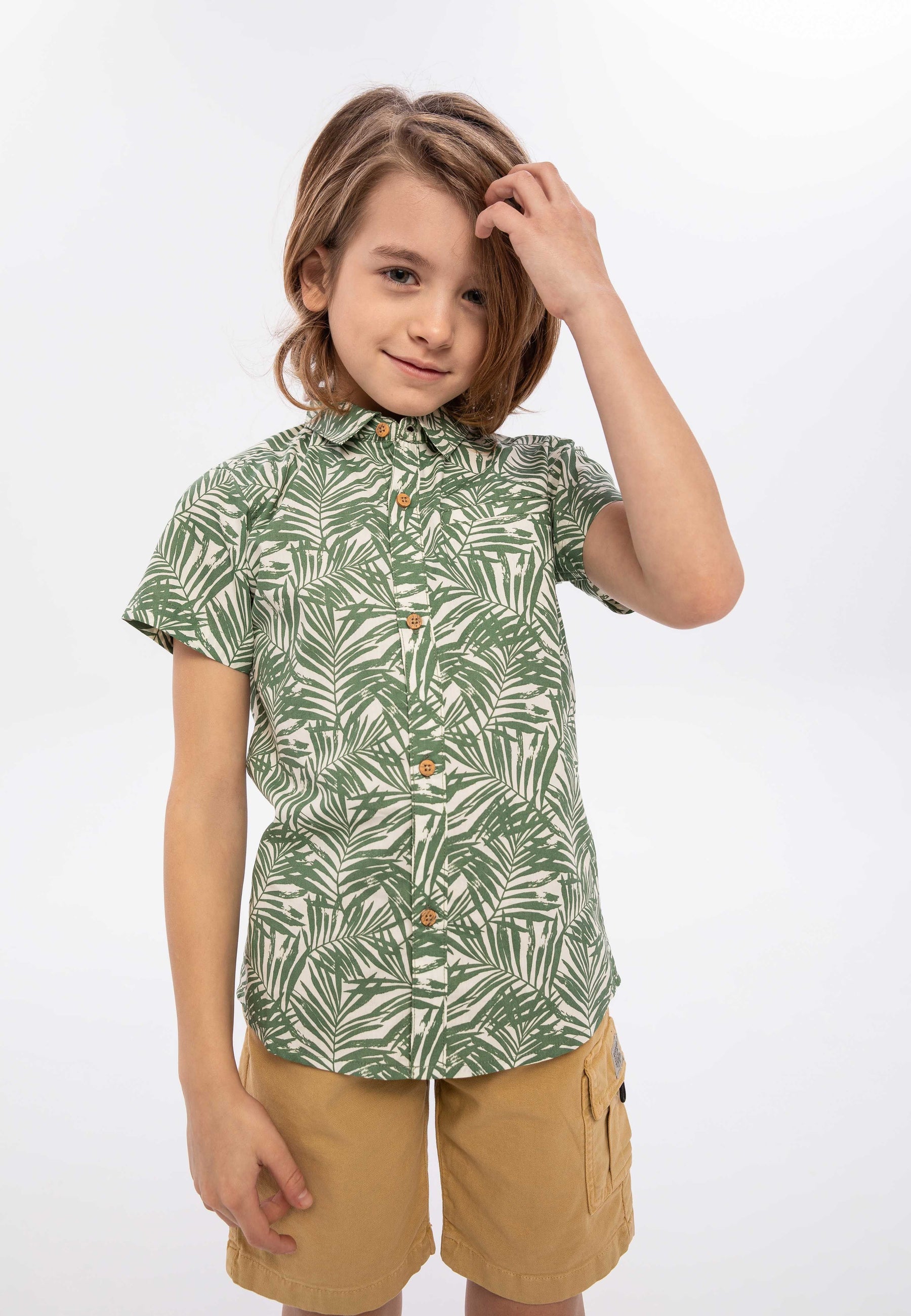 Short Sleeve Shirt, Palm Print, Olive Green - 1