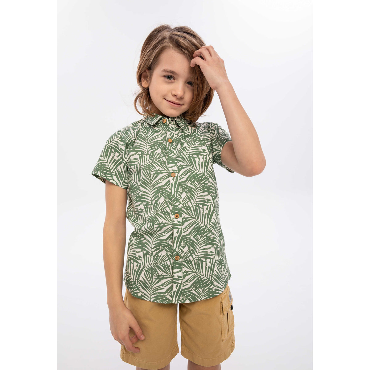 Boys' shirt in green and cream — complete product view for square Shop card