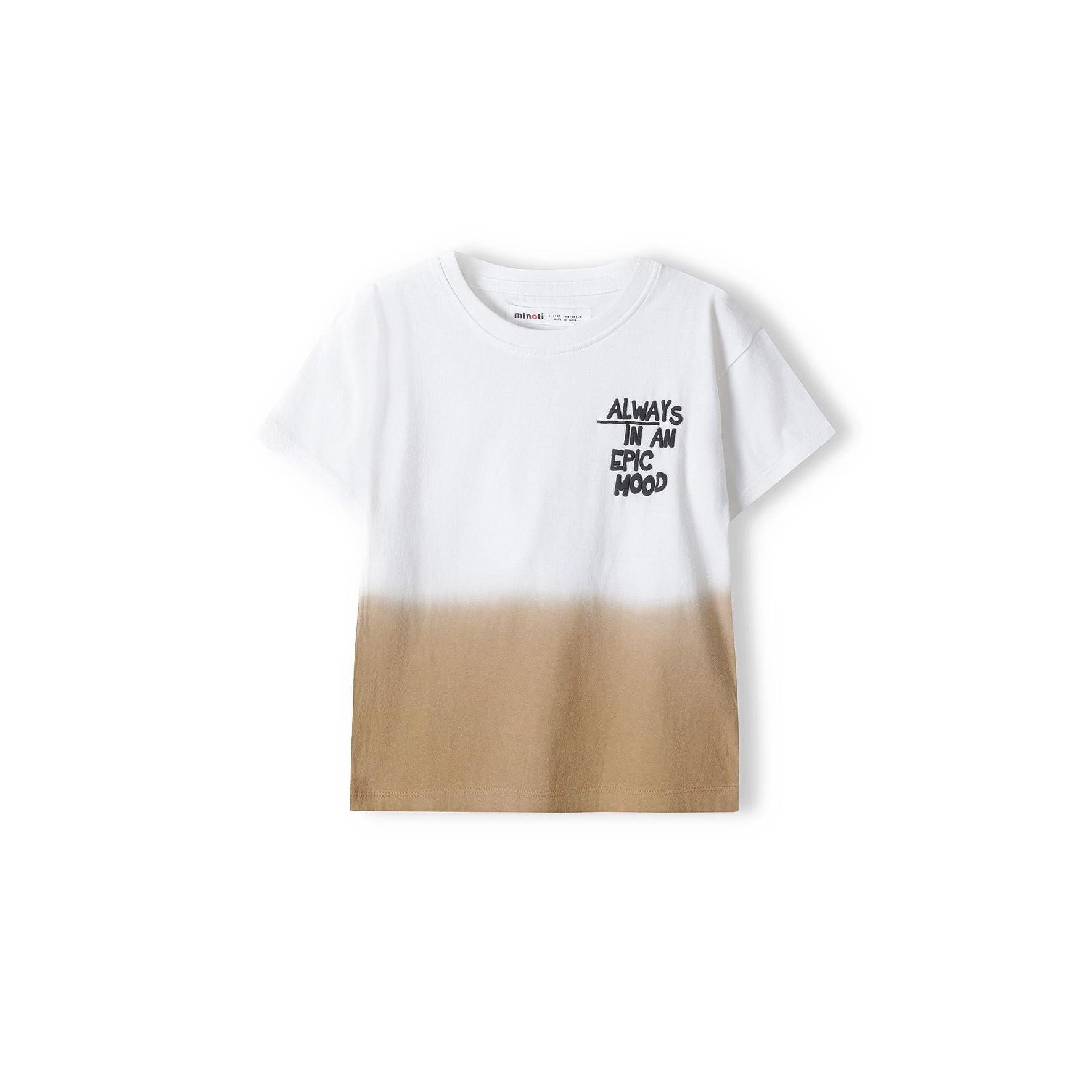 Back view of white t-shirt showing dip dye gradient effect from white at top to brown at bottom hem on white background