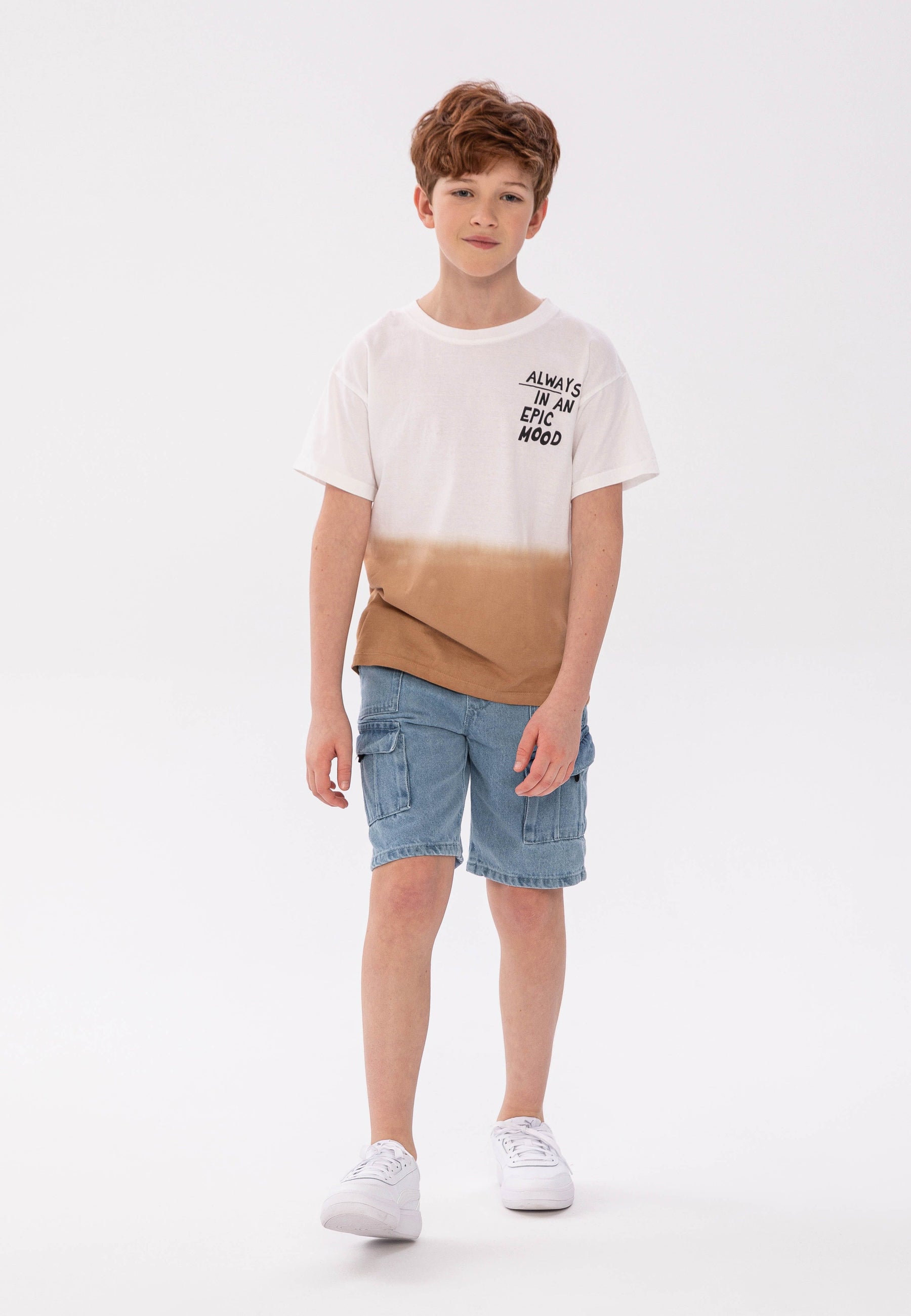 Dip Dye T-Shirt, Epic Mood Print, White Brown - 1