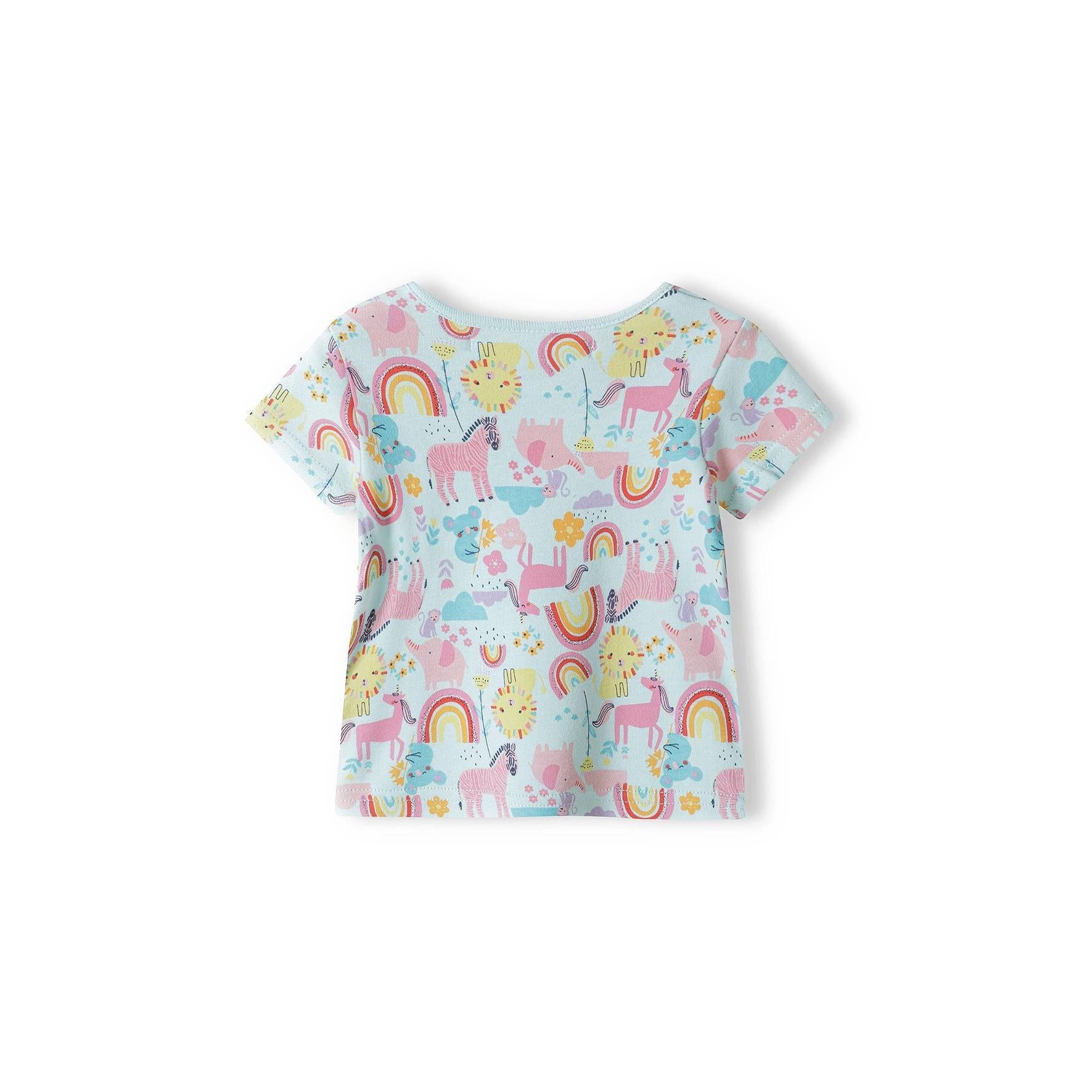 Back view of turquoise t-shirt showing continuation of unicorn and rainbow pattern across the entire garment on white background