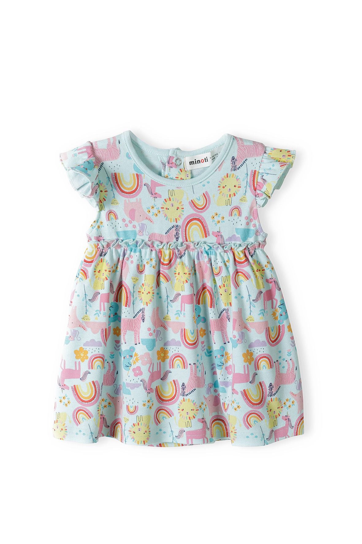 Frill Sleeve Bodysuit Dress, Unicorn Rainbow Print, Turquoise - 1