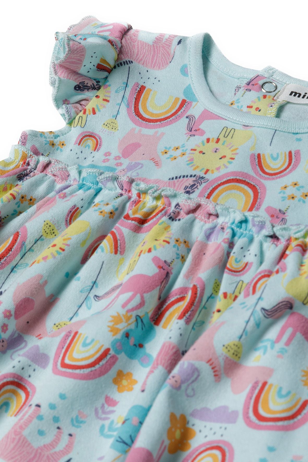 Frill Sleeve Bodysuit Dress, Unicorn Rainbow Print, Turquoise - 3