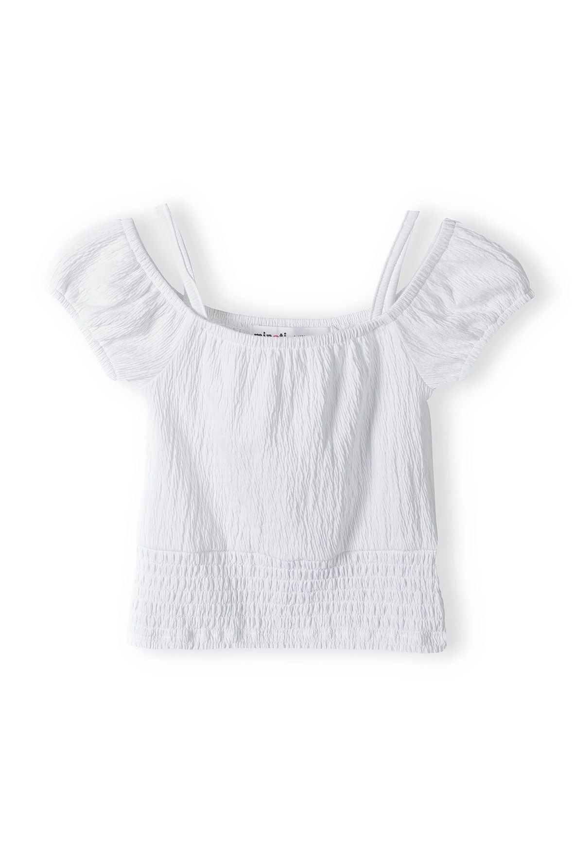 Off Shoulder Top, White Textured, Puff Sleeves - 1