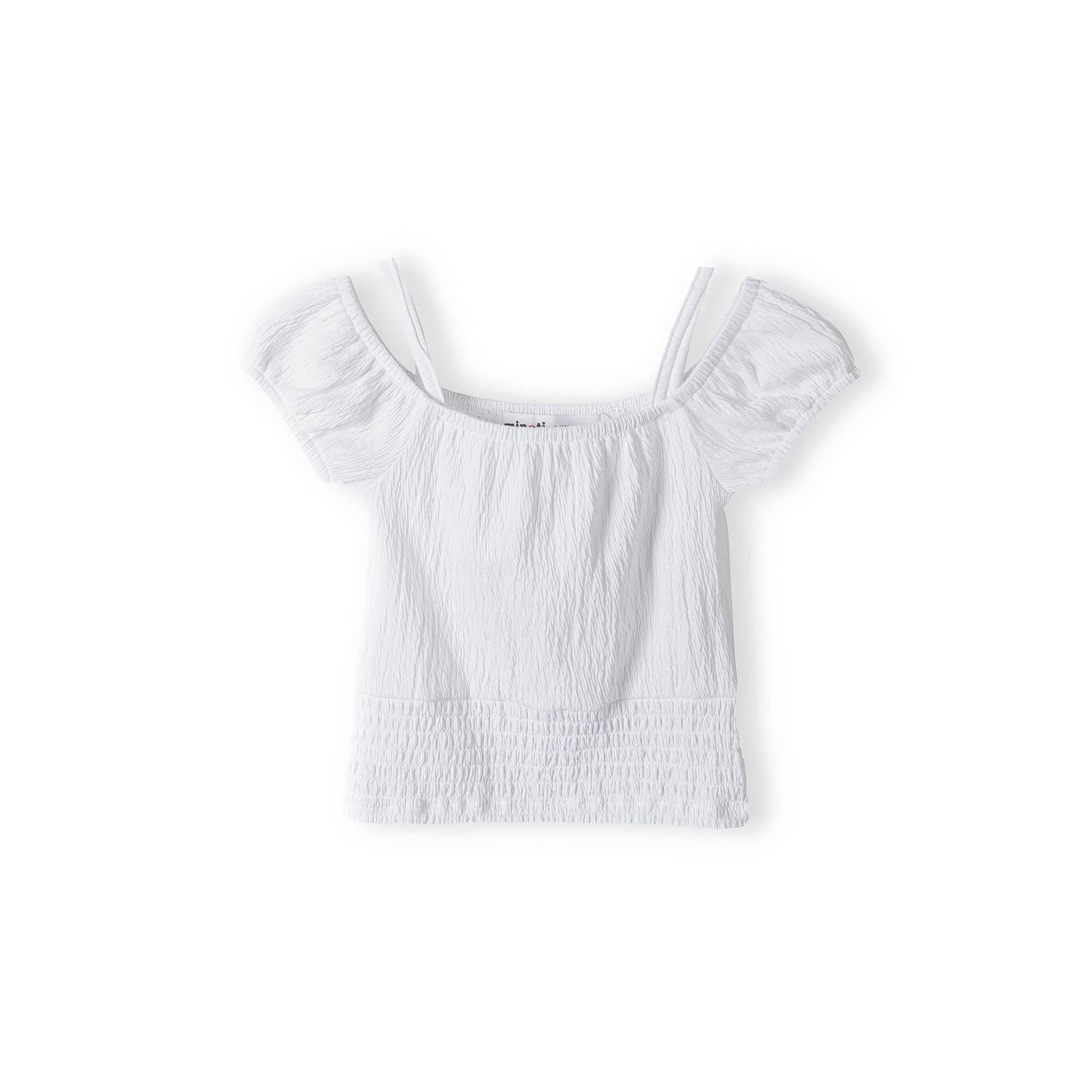 White textured off shoulder top laid flat showing front view with elasticated neckline and short puffy sleeves on white background