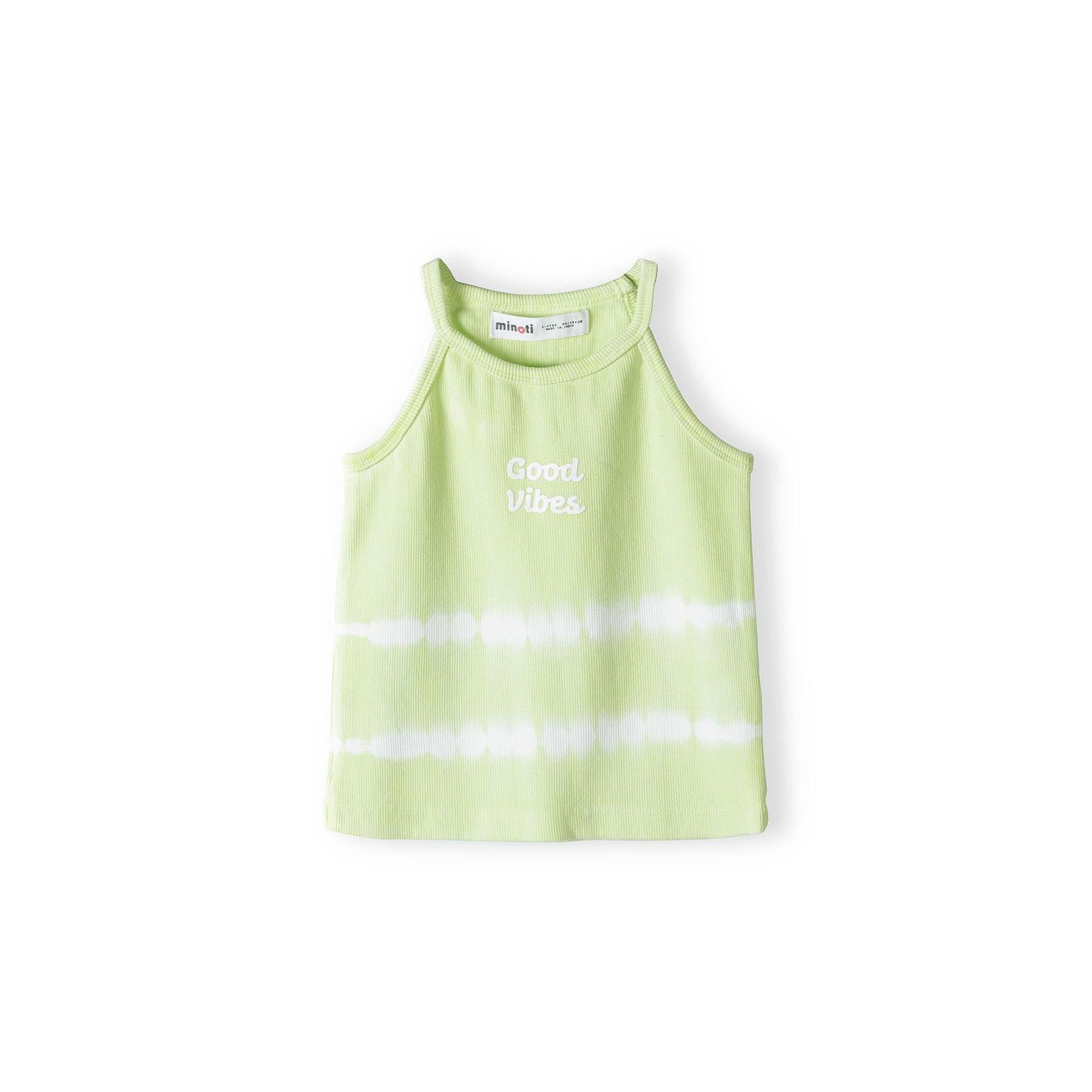 Lime green tie dye ribbed vest laid flat showing halter neck straps and horizontal white tie dye bands across chest area