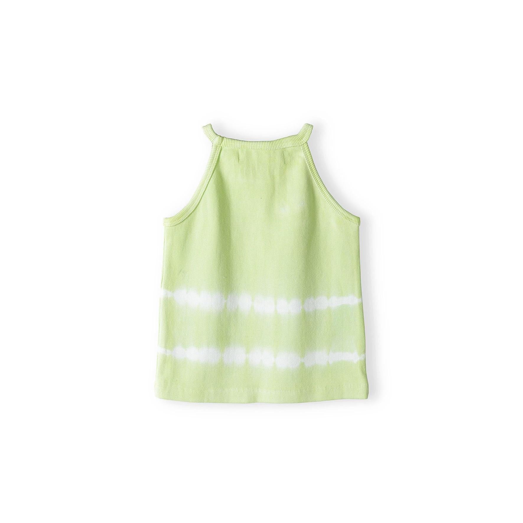 Lime green tie dye ribbed vest laid flat showing halter neck straps and horizontal white tie dye bands across chest area