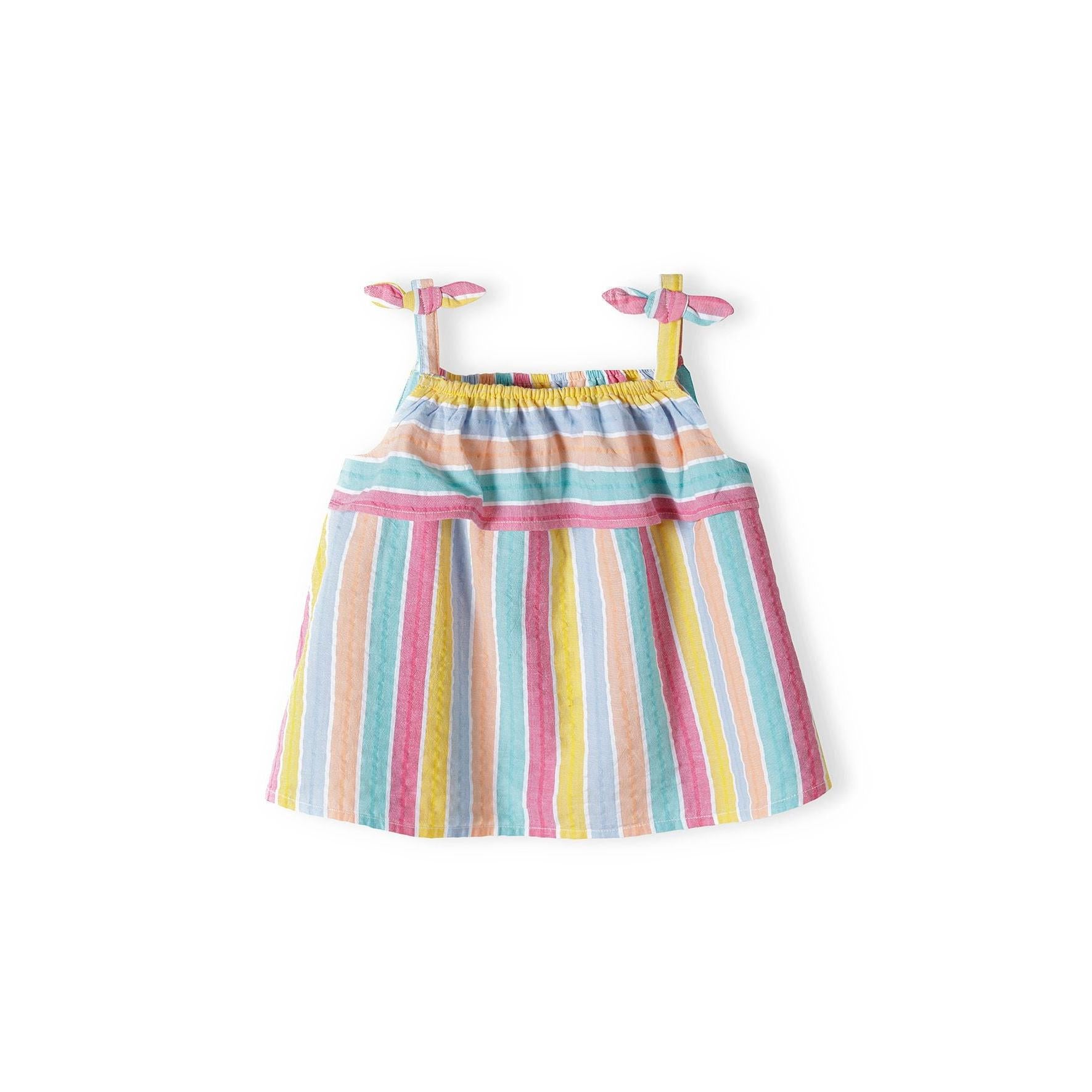 Close-up view of the rainbow striped strappy top showing bow tie shoulder straps and gathered neckline detail on white background