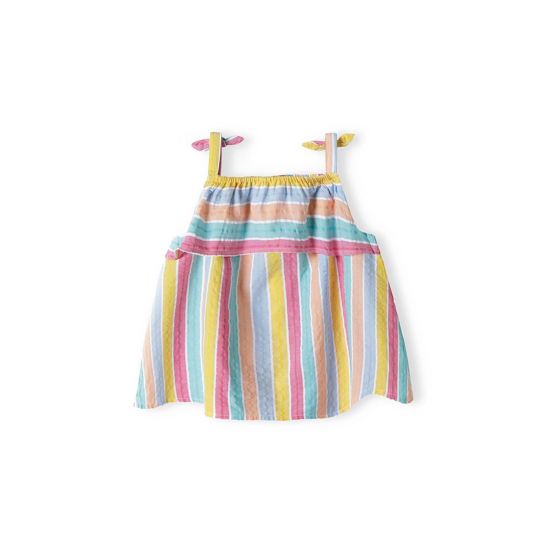 Close-up view of the rainbow striped strappy top showing bow tie shoulder straps and gathered neckline detail on white background