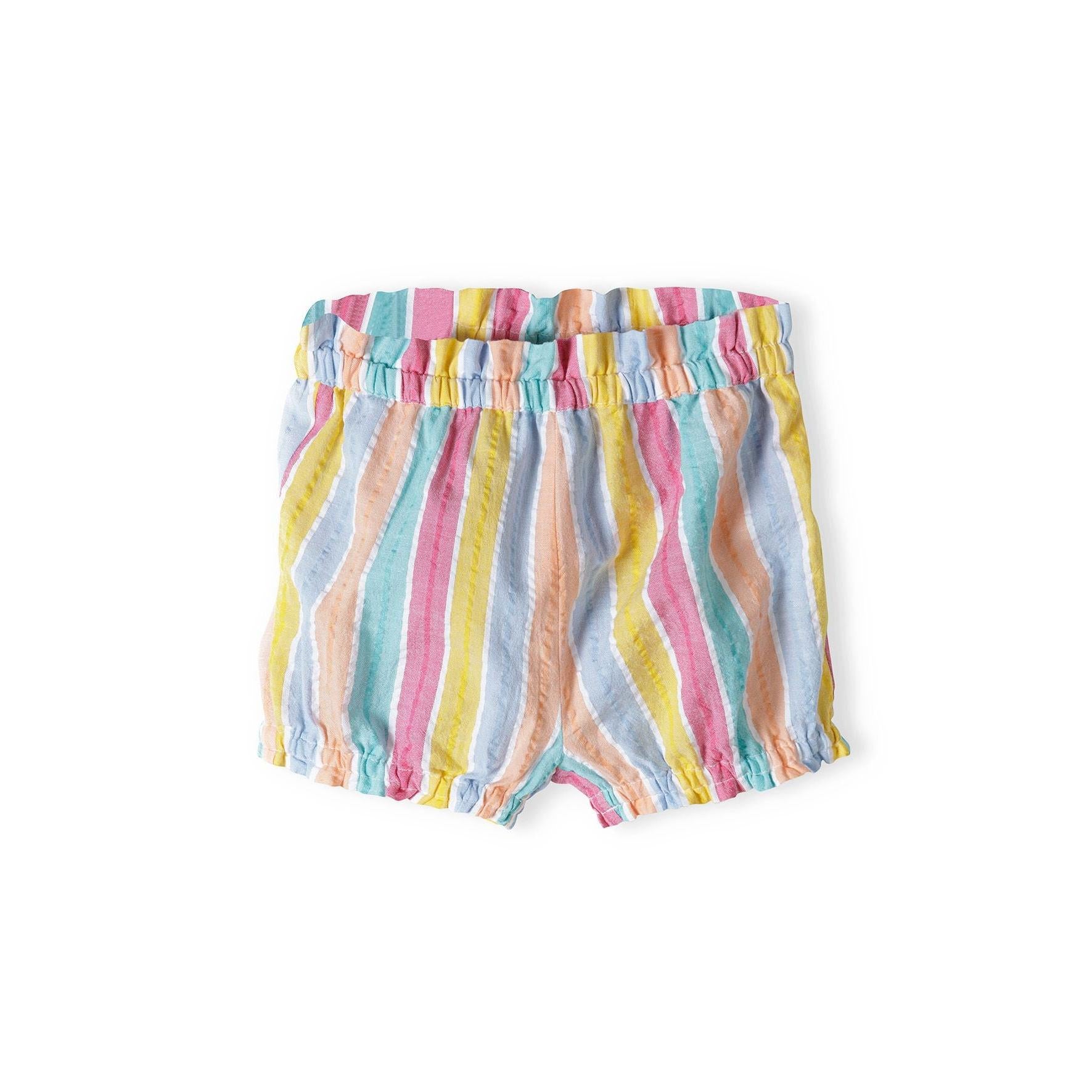 Rainbow striped shorts with elasticated waistband and gathered hem details, shown individually on white background