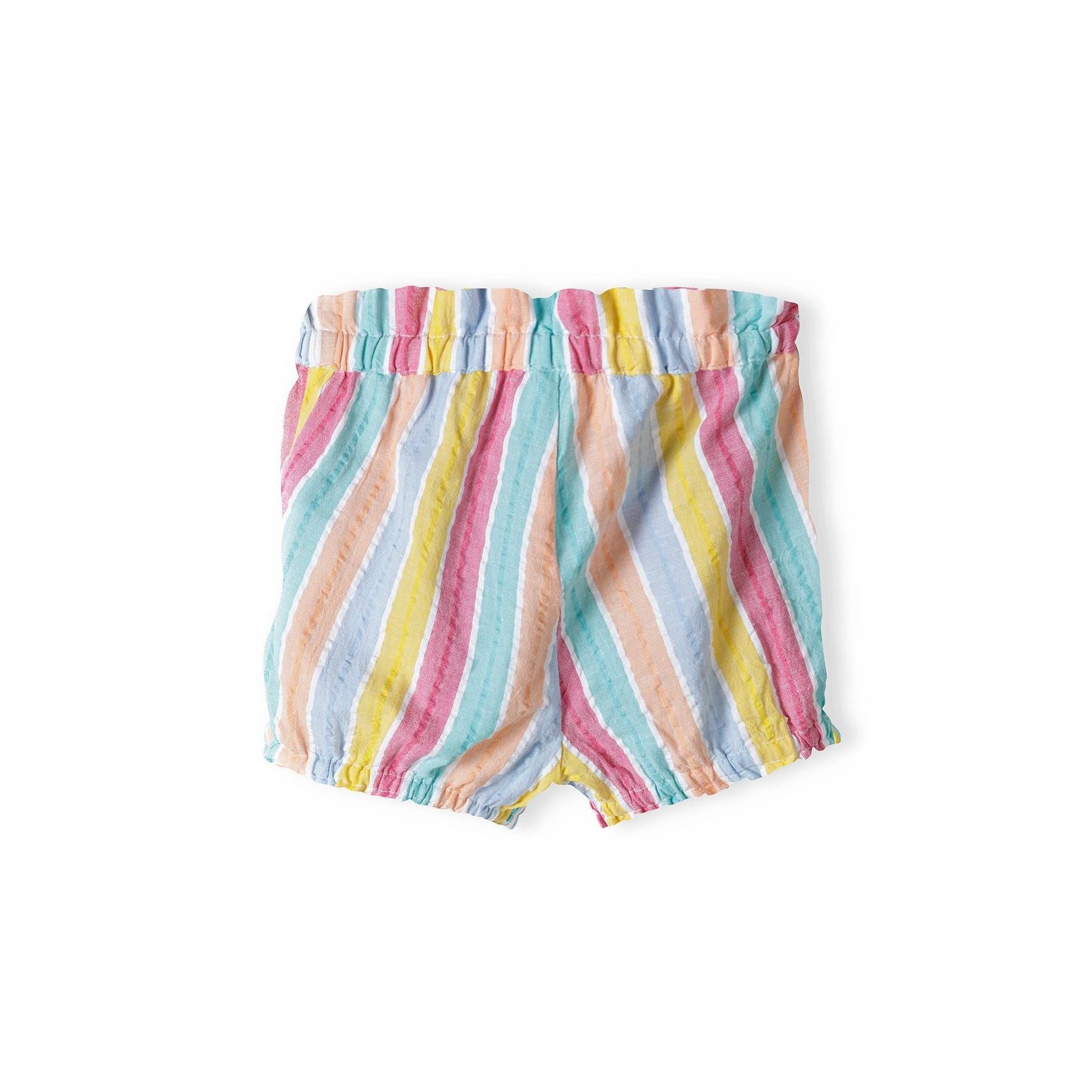 Rainbow striped shorts with elasticated waistband and gathered hem details, shown individually on white background