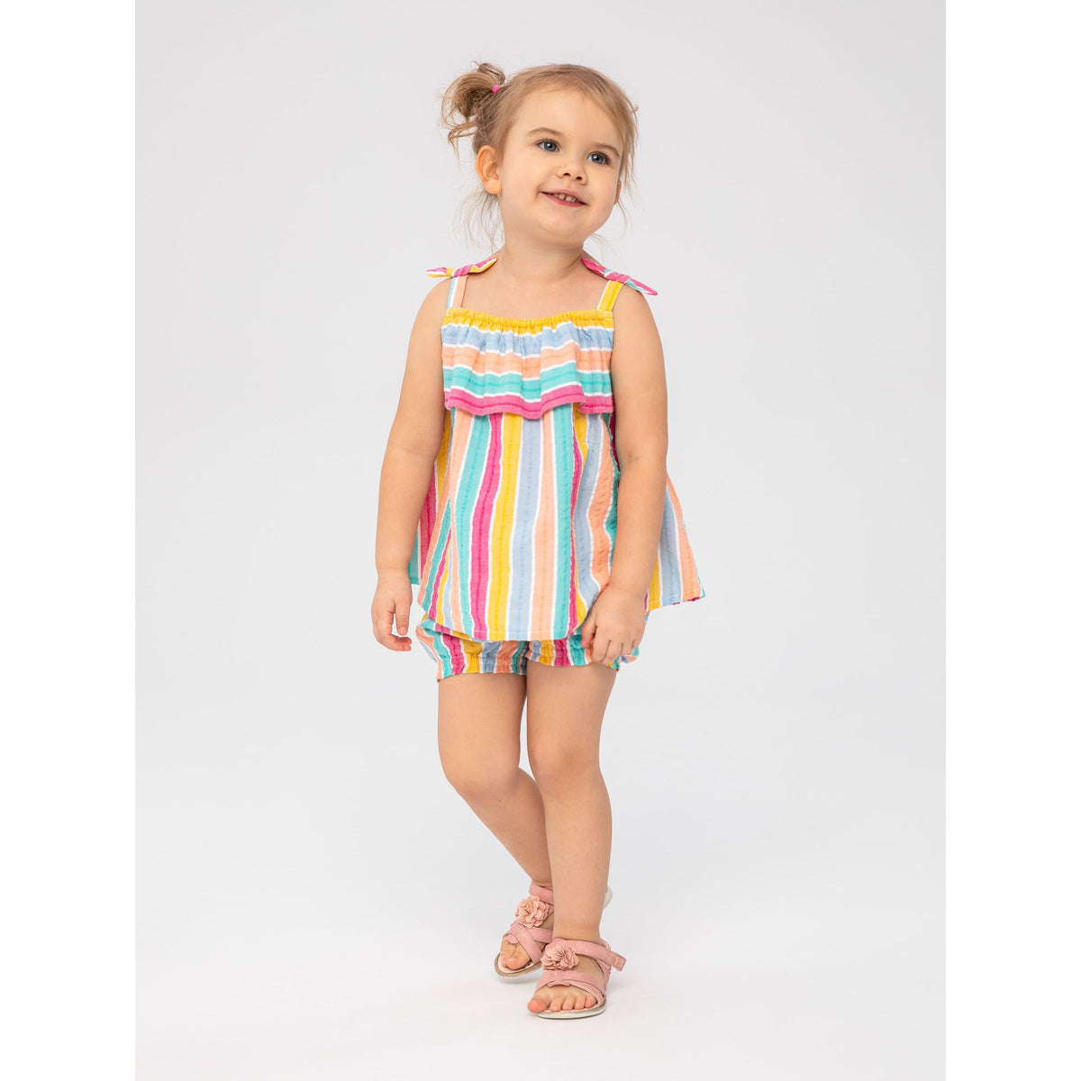 Girls' striped cami and shorts set in multicolour — complete product view for square Shop card
