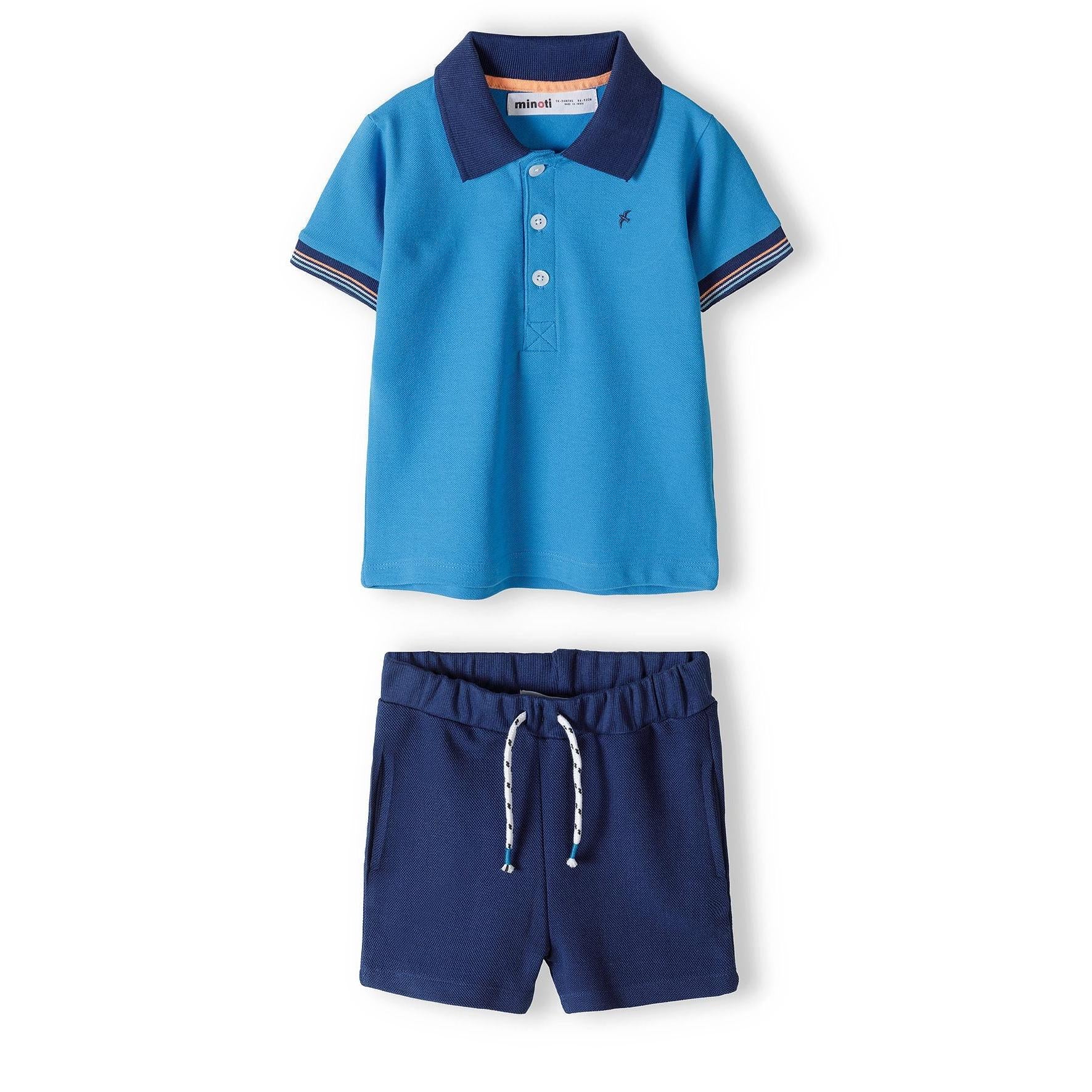 Back view of turquoise polo shirt showing contrast navy collar, striped sleeve cuffs and overall garment construction on white background