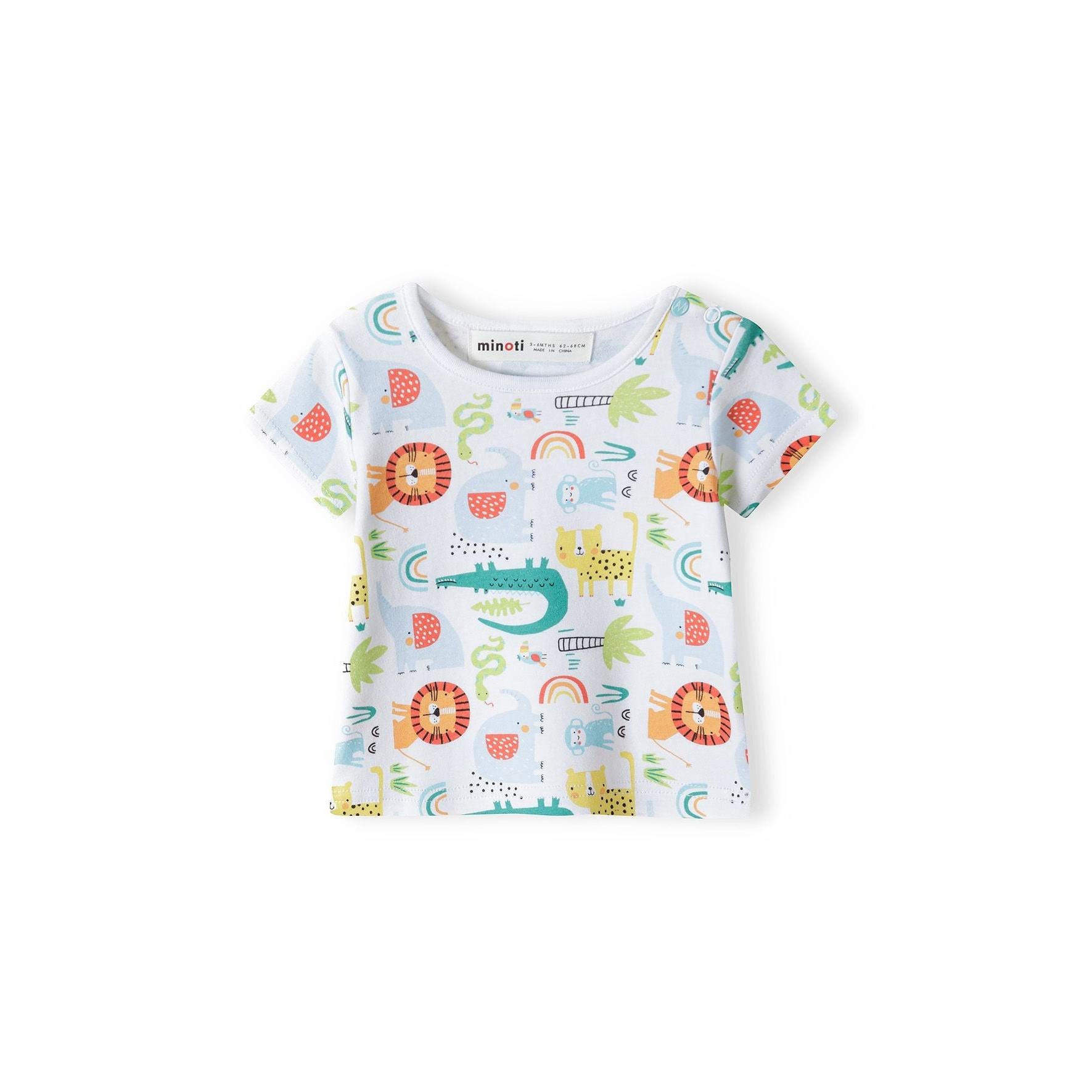 Close-up front view of animal print baby t-shirt showing detailed pattern with safari animals, rainbows, strawberries and foliage on light blue background