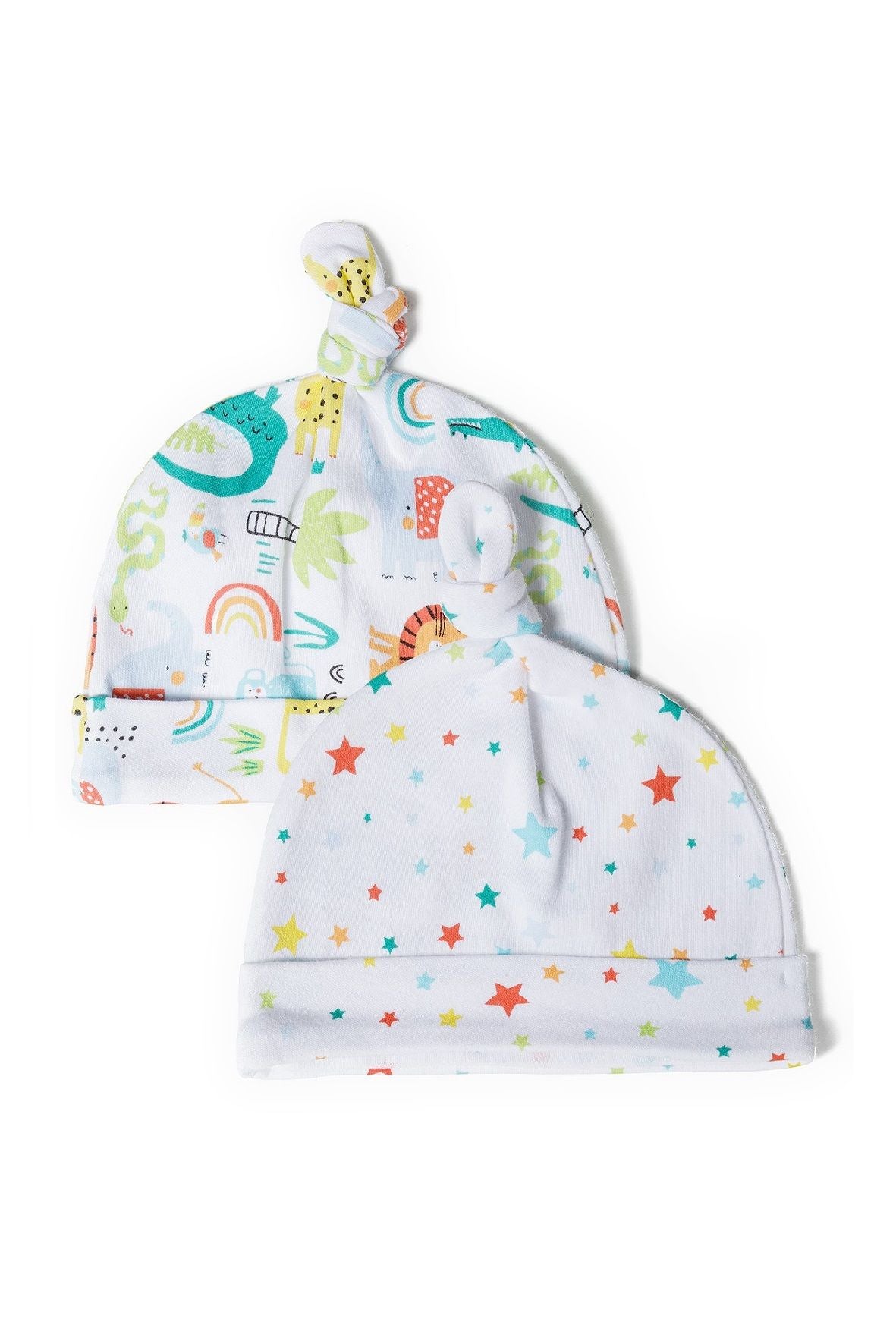 Baby Hats 2-Pack, Animal & Star Print, White - 1