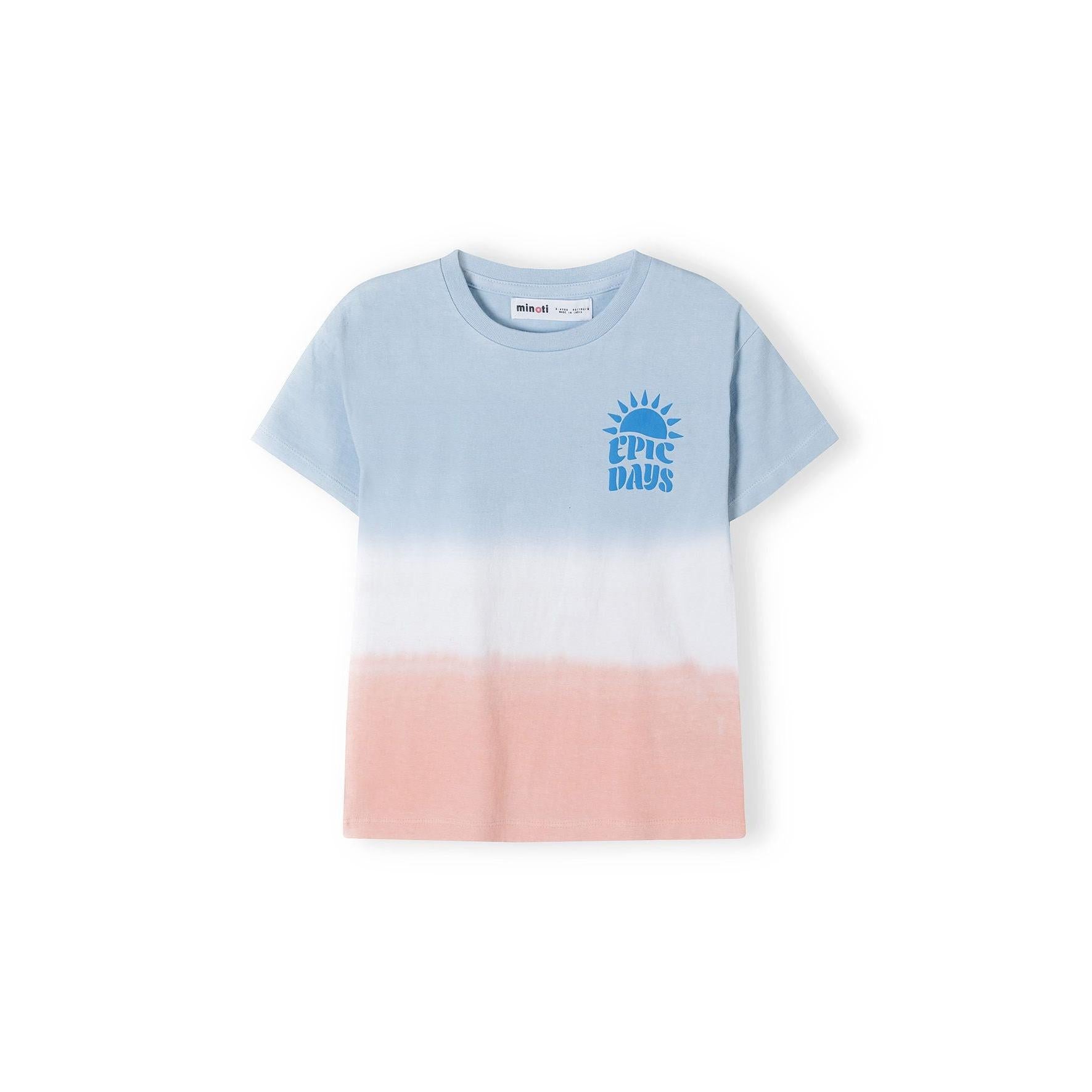 Back view of light blue to coral dip dye t-shirt laid flat showing the colour gradient transition from top to bottom