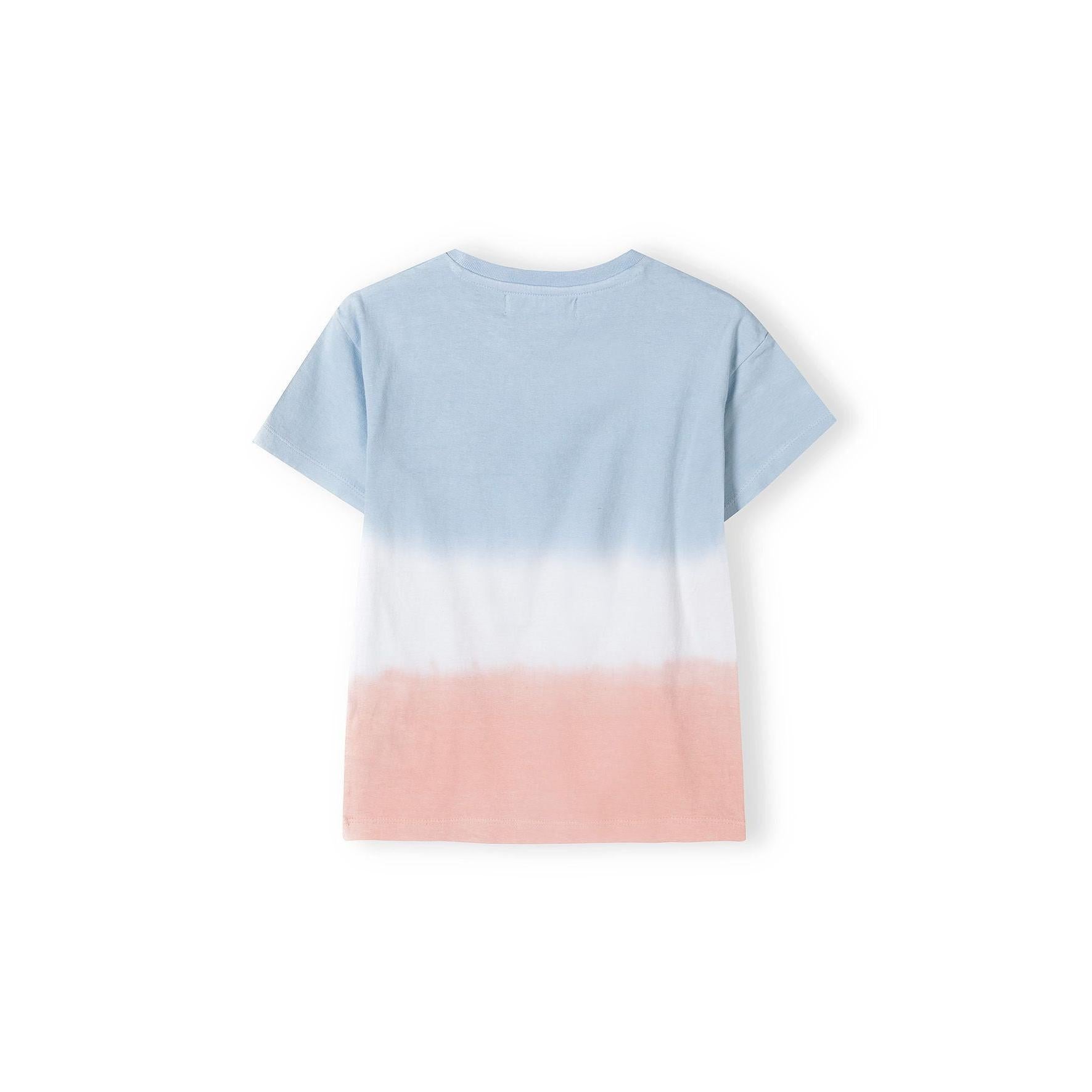 Back view of light blue to coral dip dye t-shirt laid flat showing the colour gradient transition from top to bottom