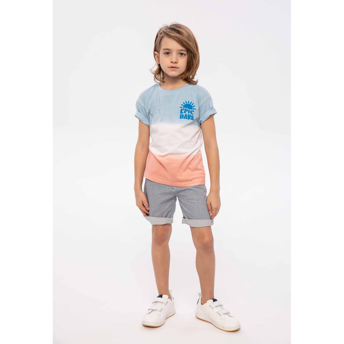 Boys' graphic t-shirt in pale blue, white and peach — complete product view for square Shop card