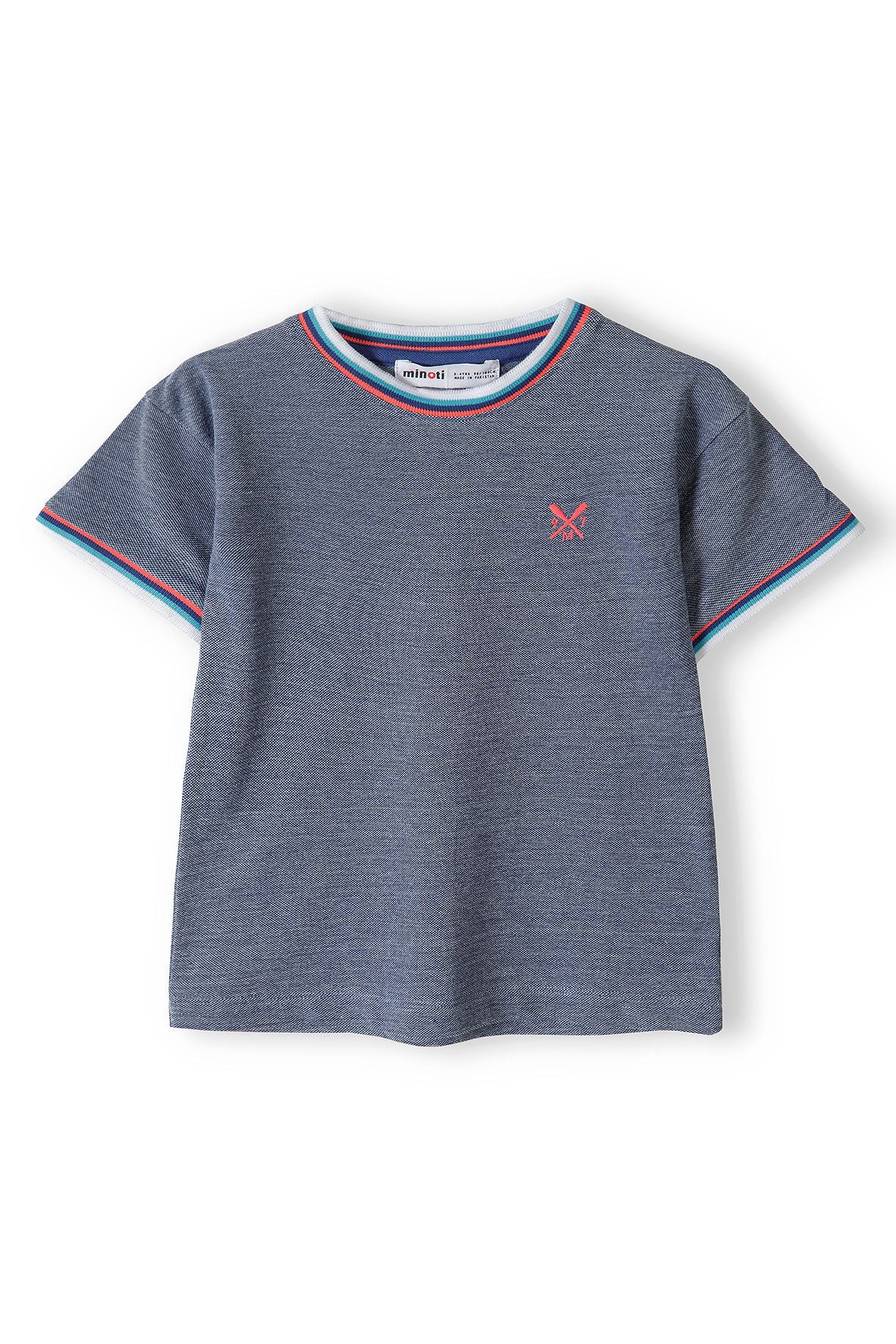 Pique Crew Neck T-Shirt, Blue Two Tone, Striped Trim - 2