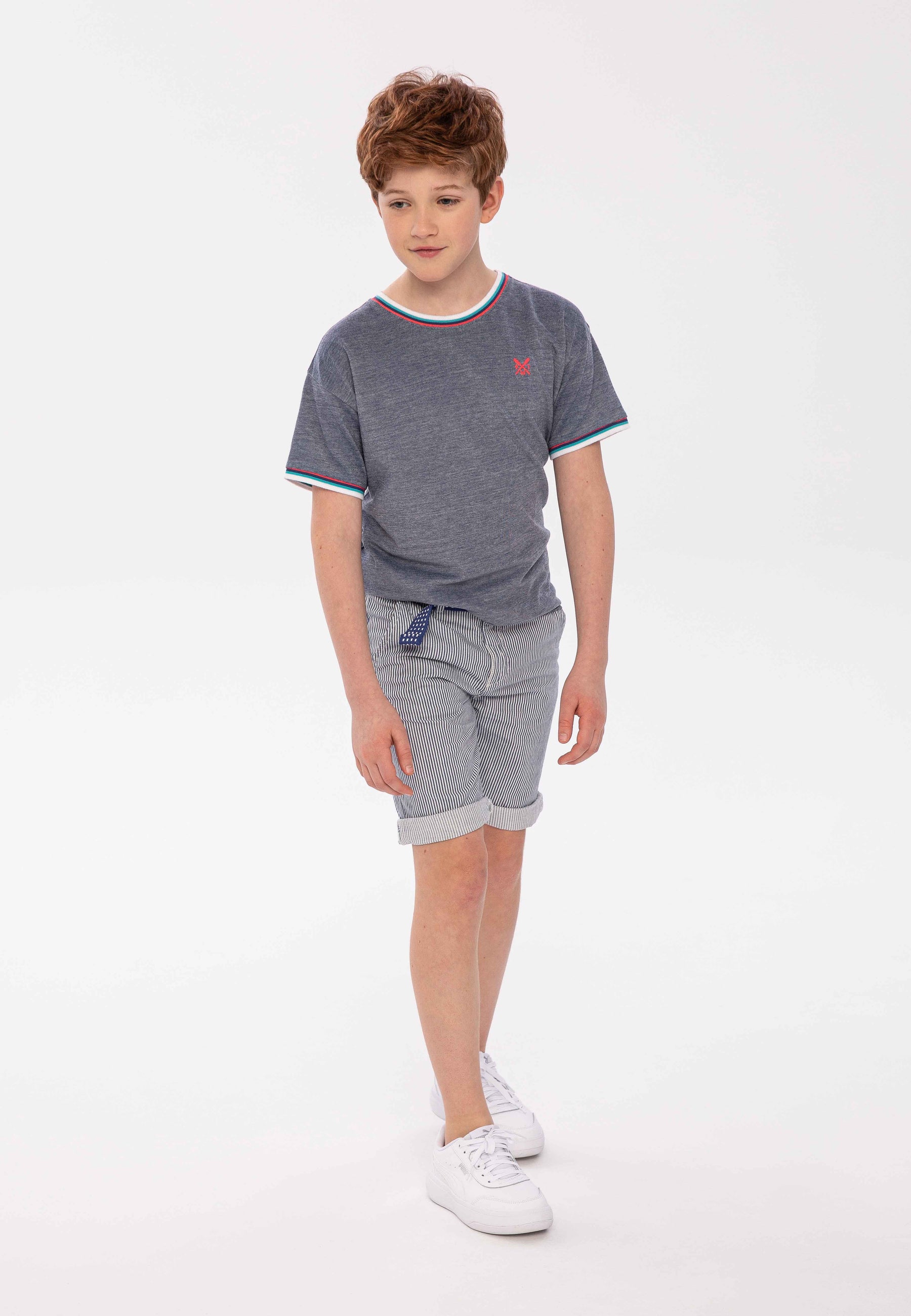 Pique Crew Neck T-Shirt, Blue Two Tone, Striped Trim - 1