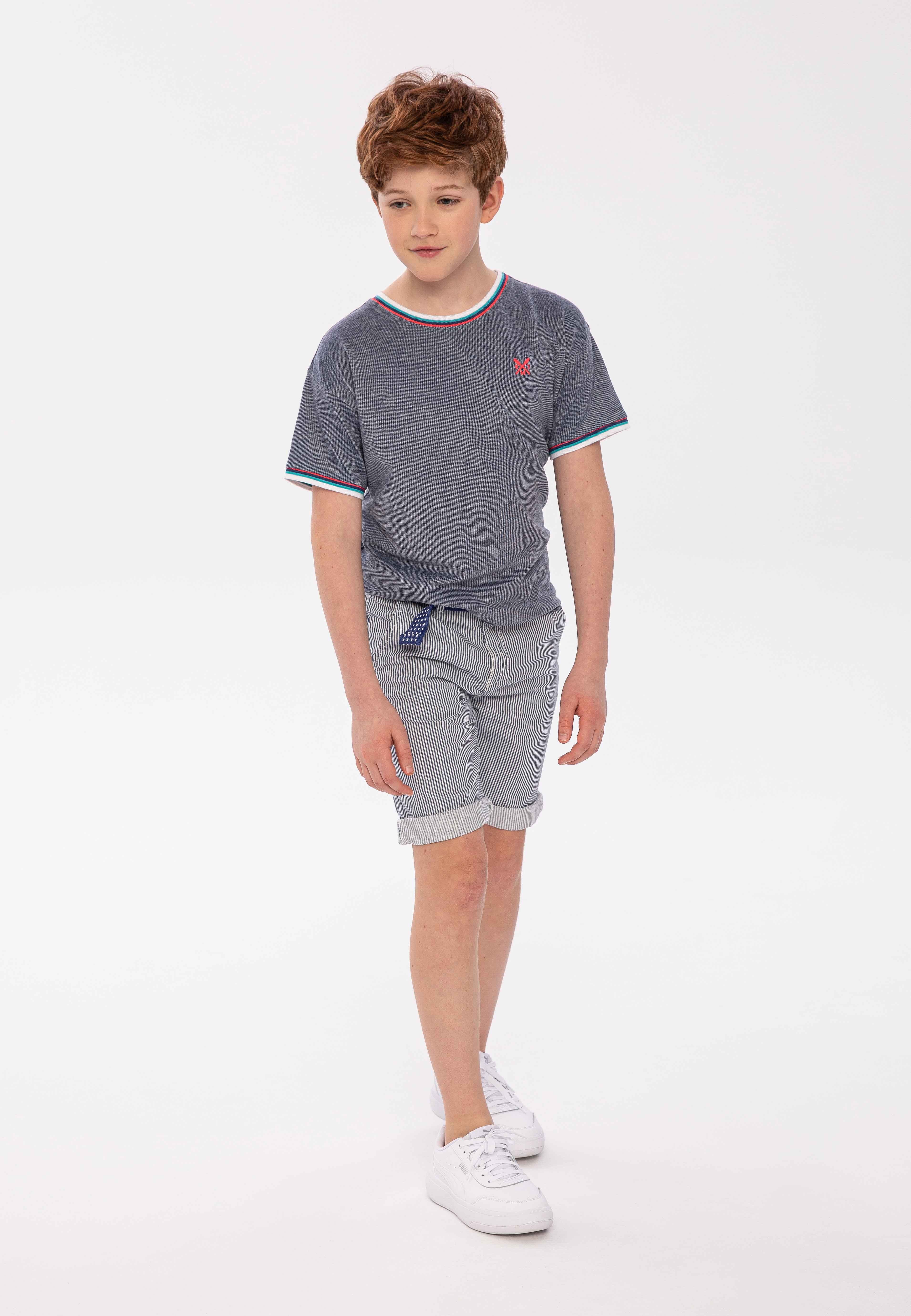 Pique Crew Neck T-Shirt, Blue Two Tone, Striped Trim - 1