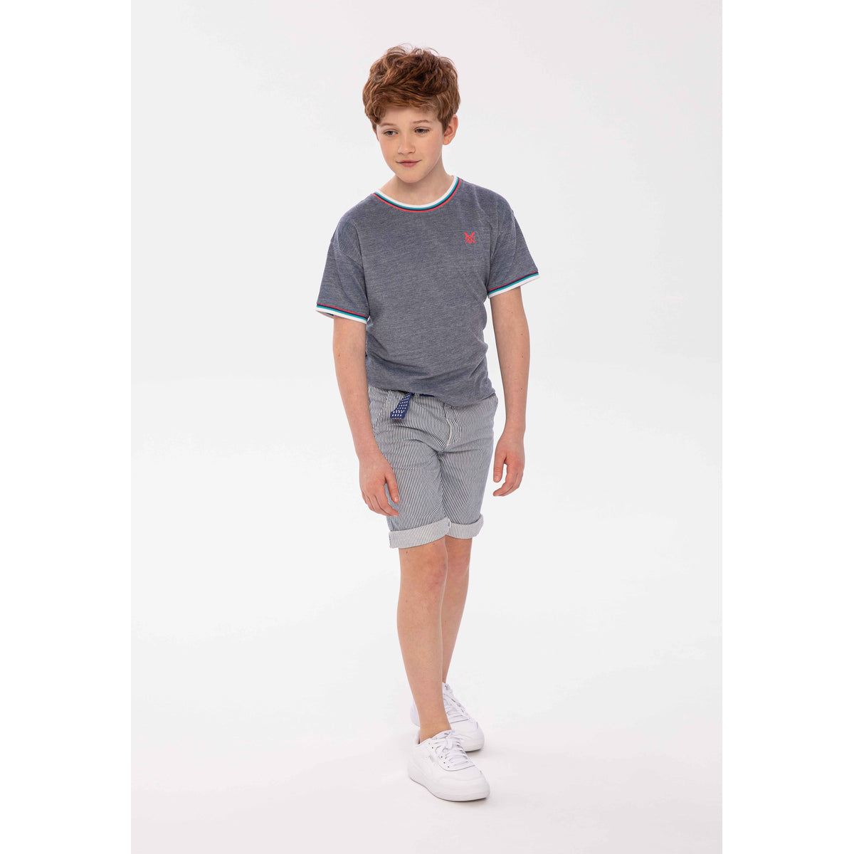 Boys' ringer t-shirt in blue marl — complete product view for square Shop card