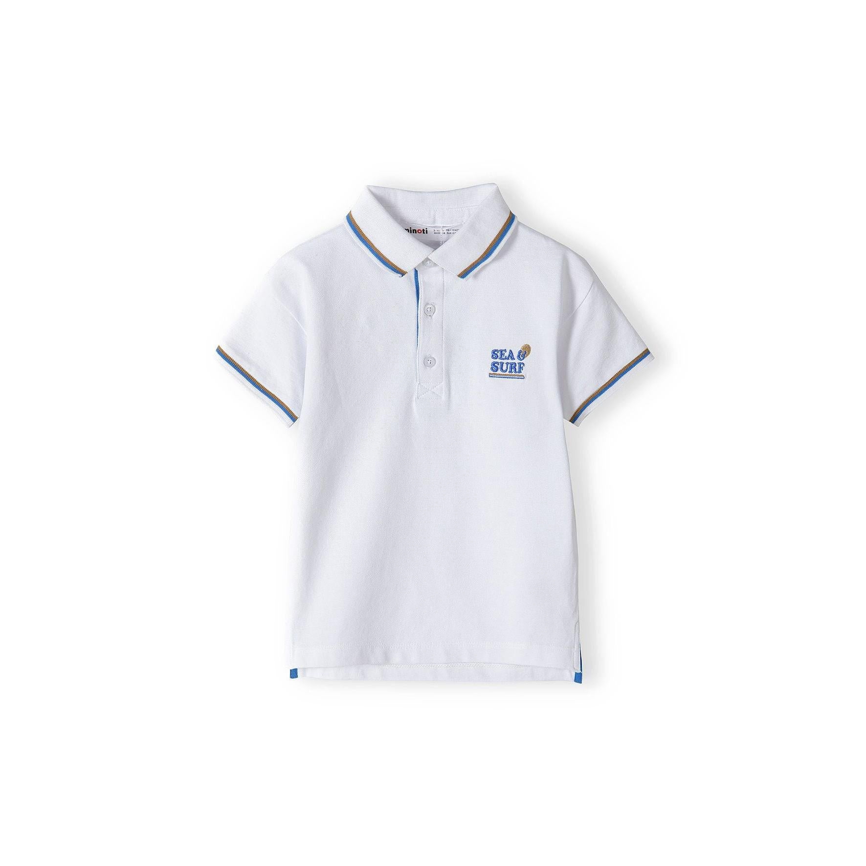 White polo shirt back view flat lay showing contrast tipping on collar and sleeves