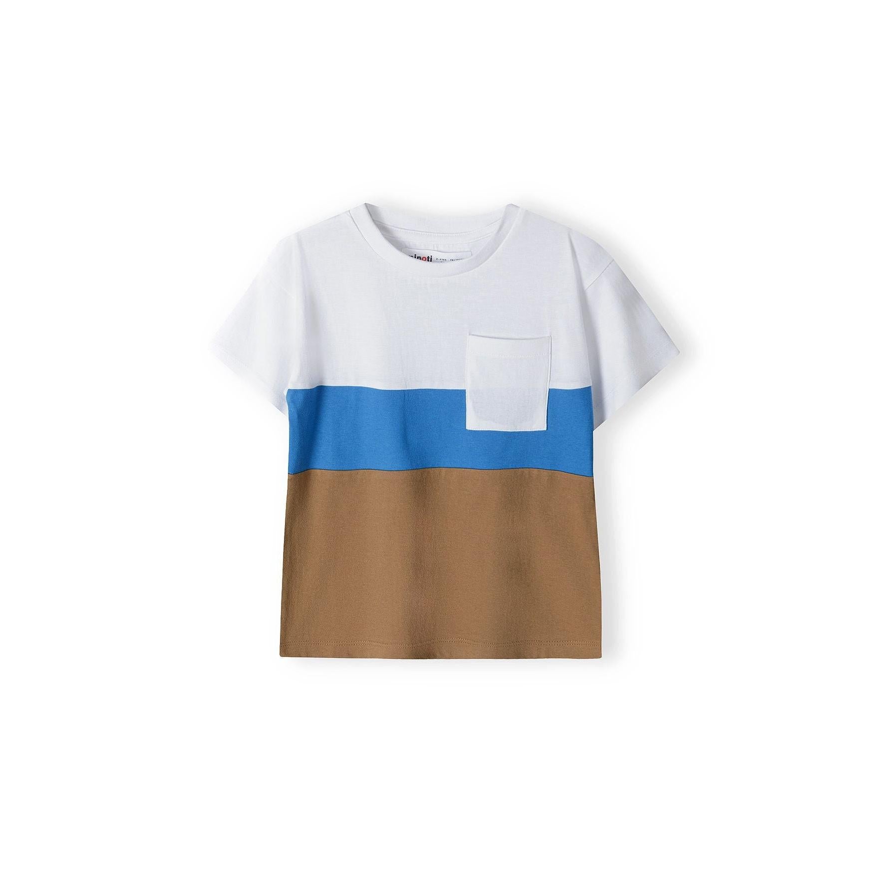 Back view of white t-shirt with horizontal blue and brown contrast panels laid flat on white background