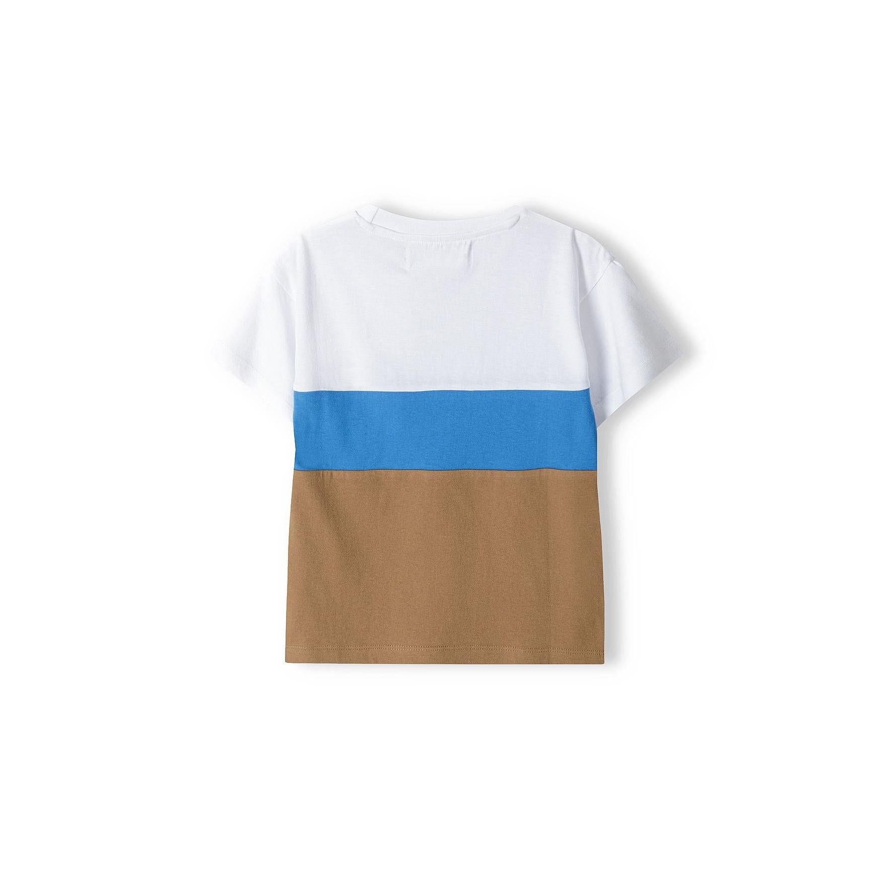 Back view of white t-shirt with horizontal blue and brown contrast panels laid flat on white background