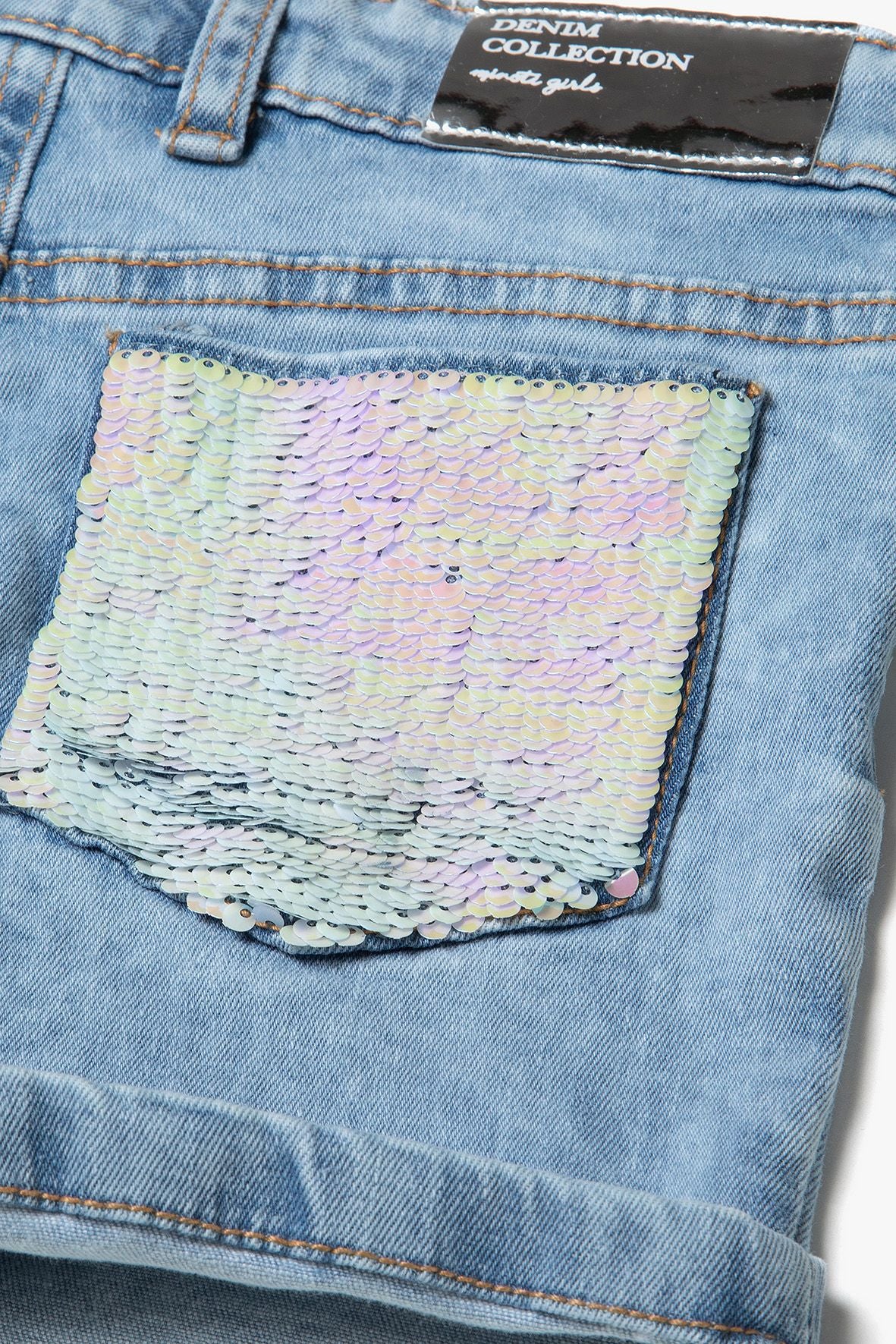 Denim Shorts, Sequin Pocket, Light Blue - 5