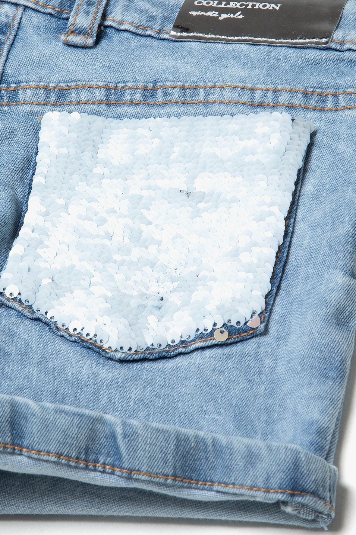 Denim Shorts, Sequin Pocket, Light Blue - 6